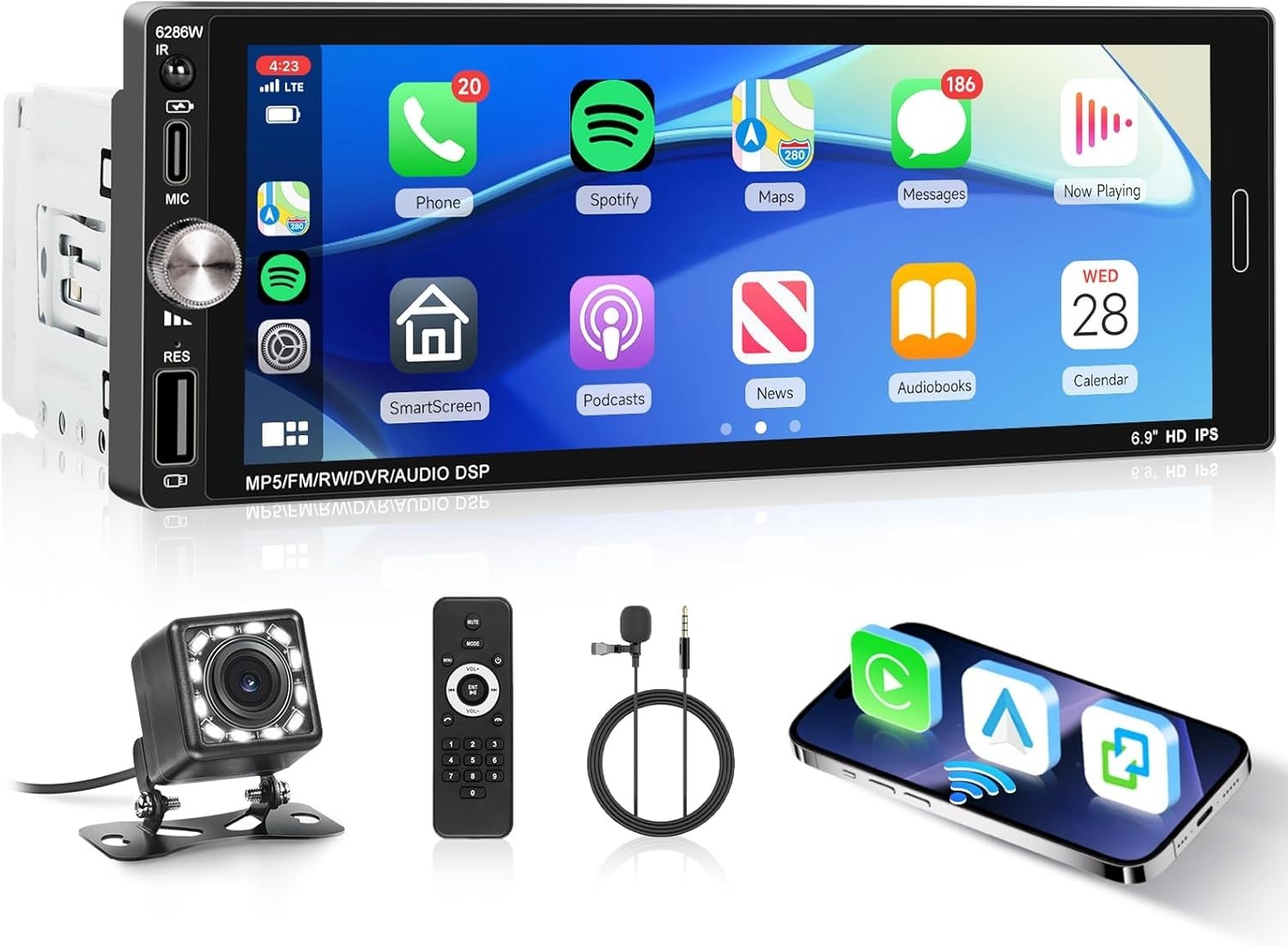 6.9″ Single DIN Android Auto Carplay Stereo with Backup Camera & Remote