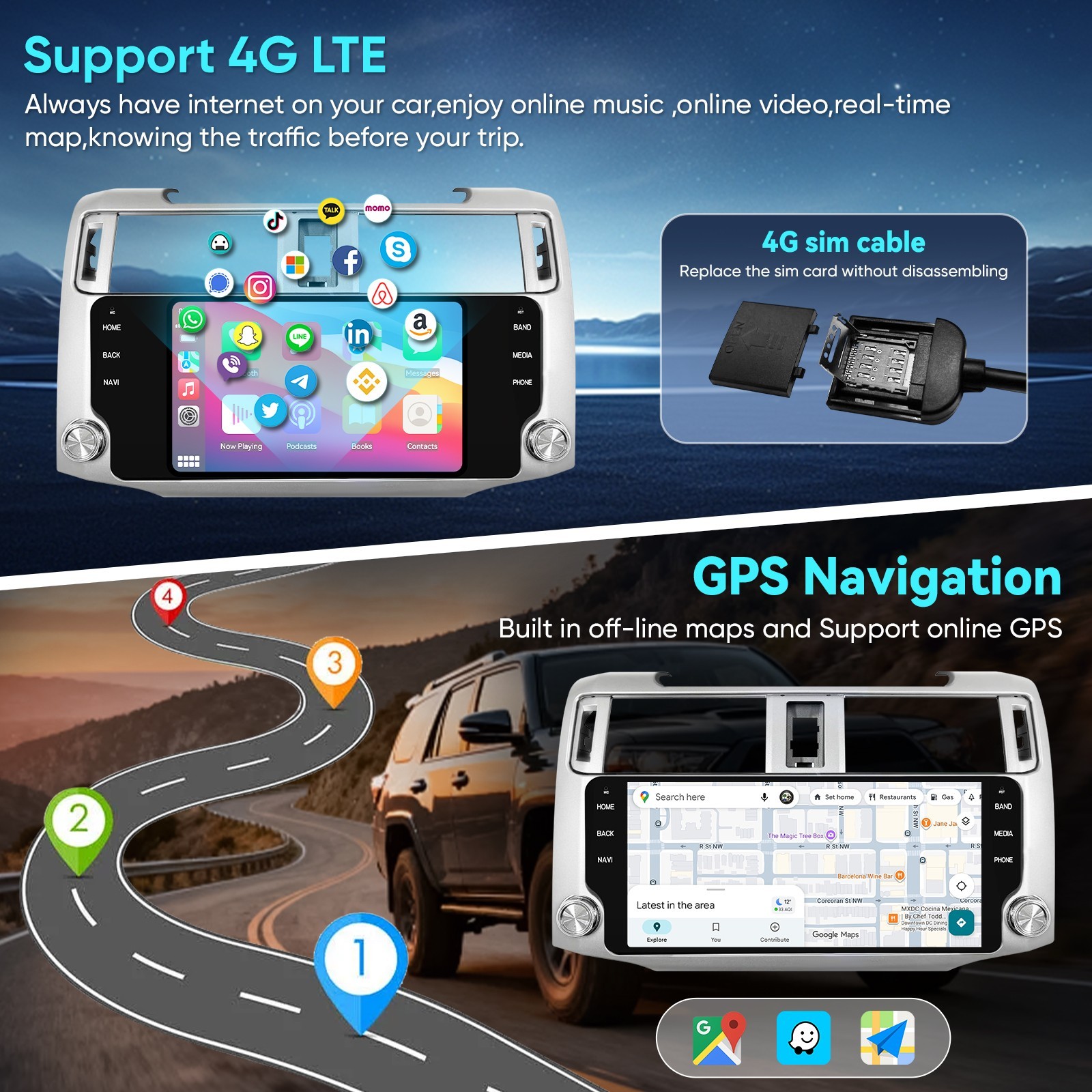 Android Head Unit for Toyota 4Runner, 4GB RAM 64GB ROM, 4G LTE, 1080p AHD Camera
