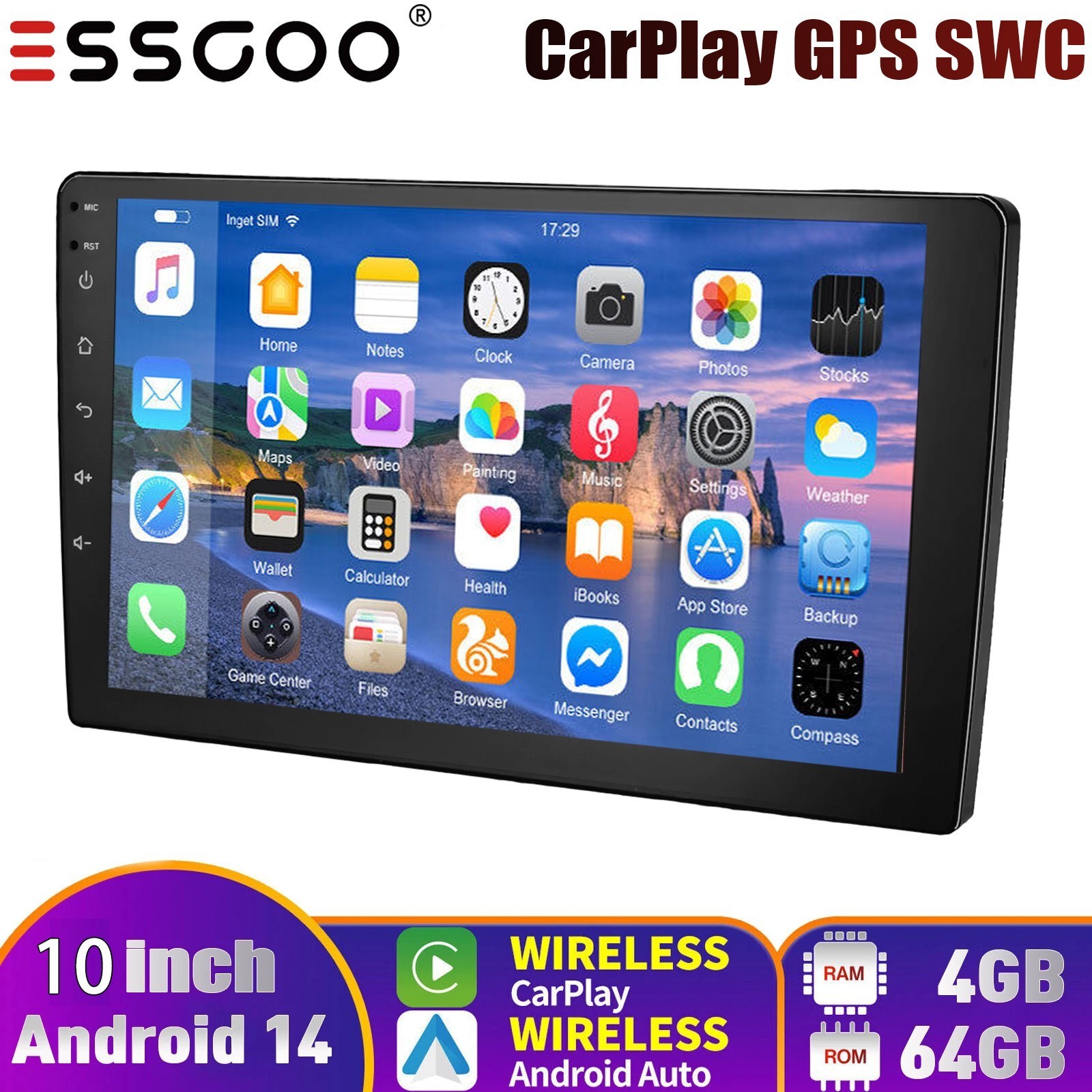 64G 10.1″ Car Stereo Carplay Android 14 Double 2DIN IPS Touch Screen GPS Wifi BT