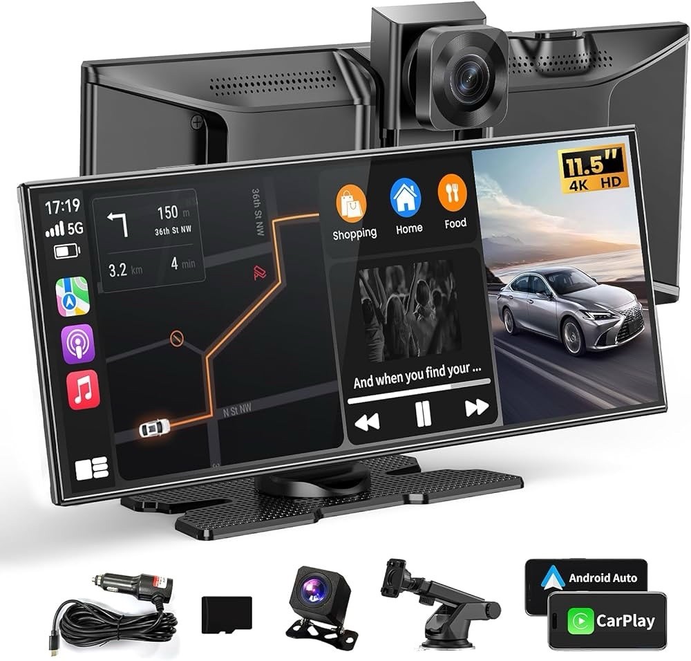 Largest 11.5″ Portable Carplay Screen for Car, 4K Wireless Car Play & Black