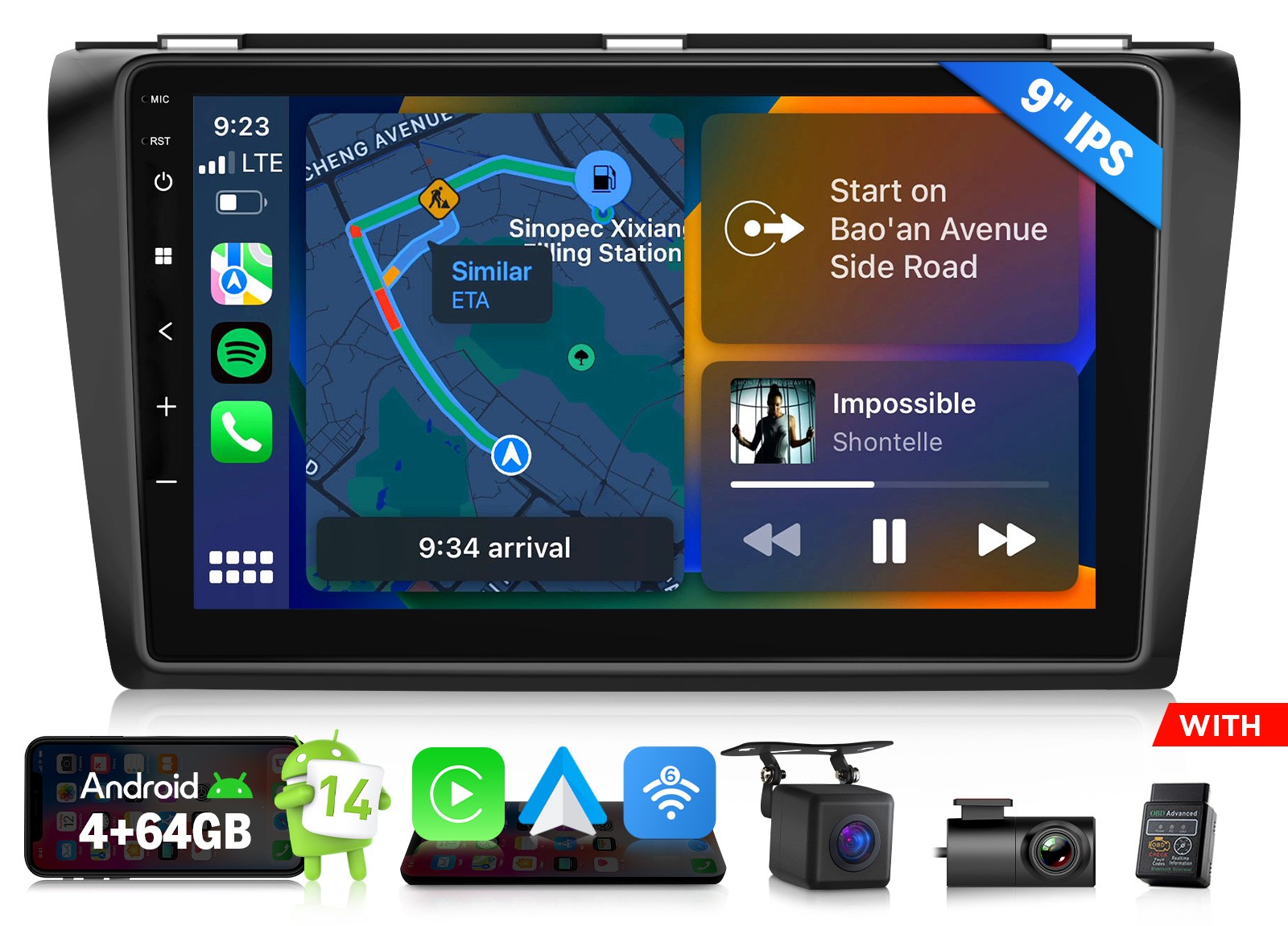 M3BKX7A 9 inch Android 14 4+64GB for 2004-2009 Mazda3 Car Radio Wireless CarPlay