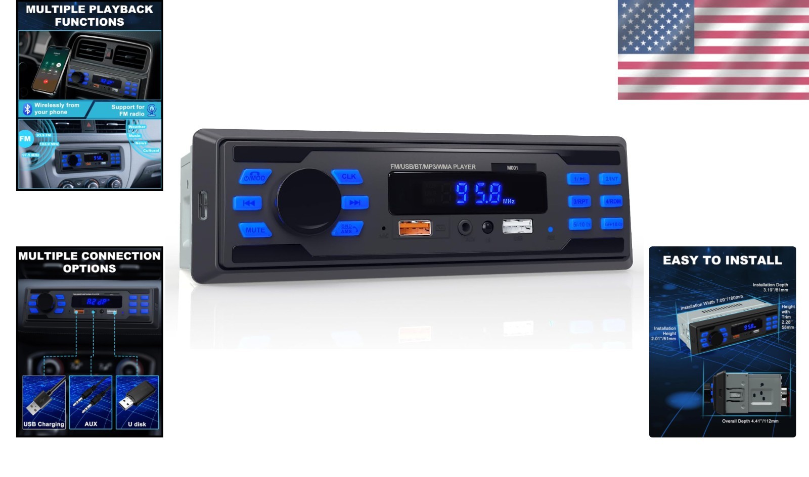 Advanced Single DIN Car Audio System: Bluetooth, USB Charging & Hands-Free