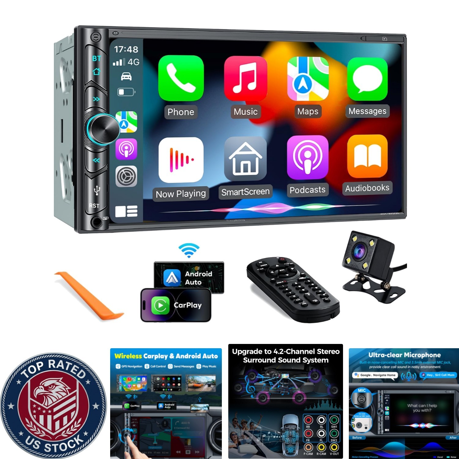 Double Din Car Stereo: Wireless Carplay, Android Auto & Backup Camera