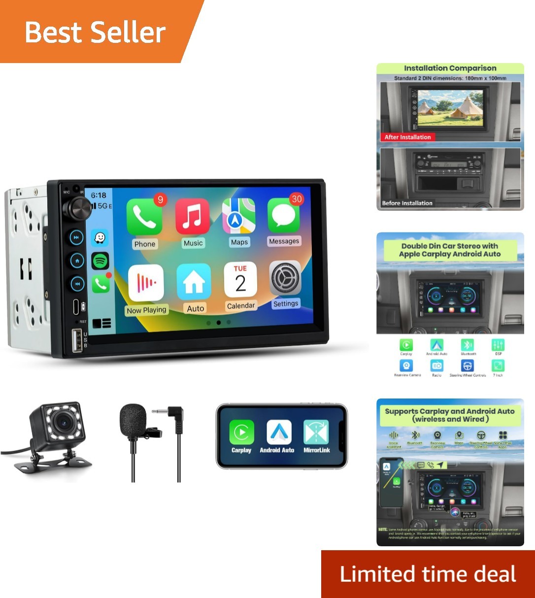 7 Inch IPS Touchscreen Double Din Car Stereo with Backup Camera & Bluetooth 5.0