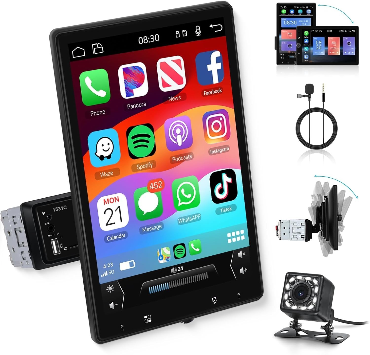 10.4″ Single Din Rotatable Touch Screen Car Stereo Wireless Carplay& Android …