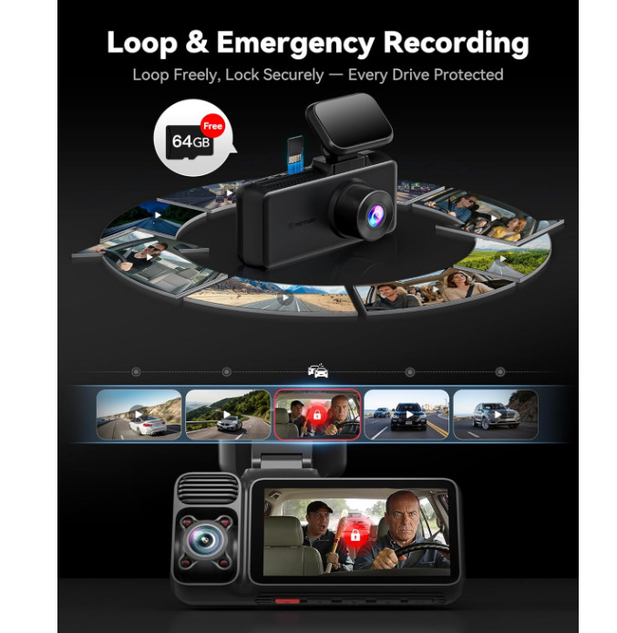 Cámara dash cam 4K de 3 canales con grabación frontal, interior y trasera, WiFi