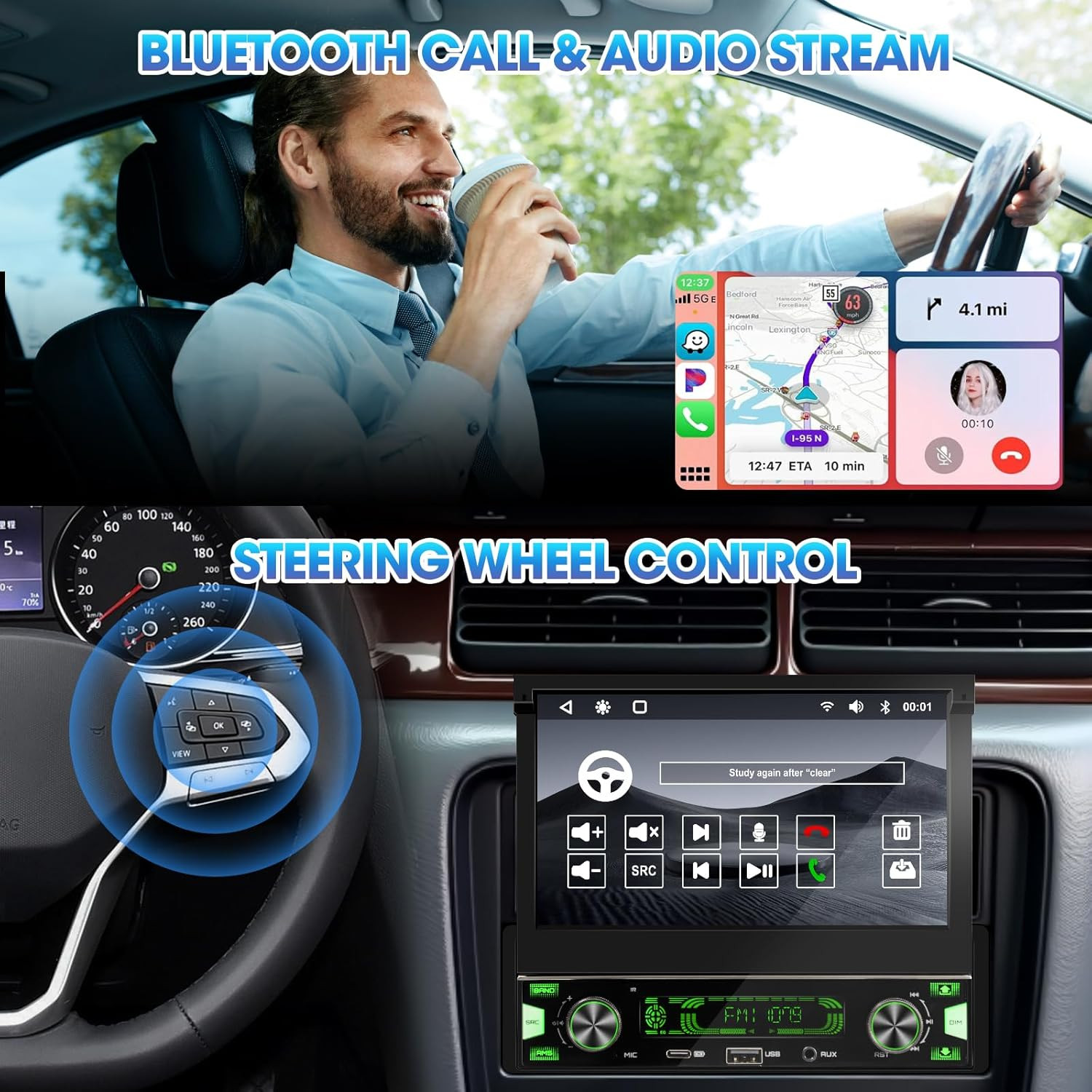 Single Din Flip-Out Touchscreen Radio: 7 Inch Wireless Carplay Android Auto Car