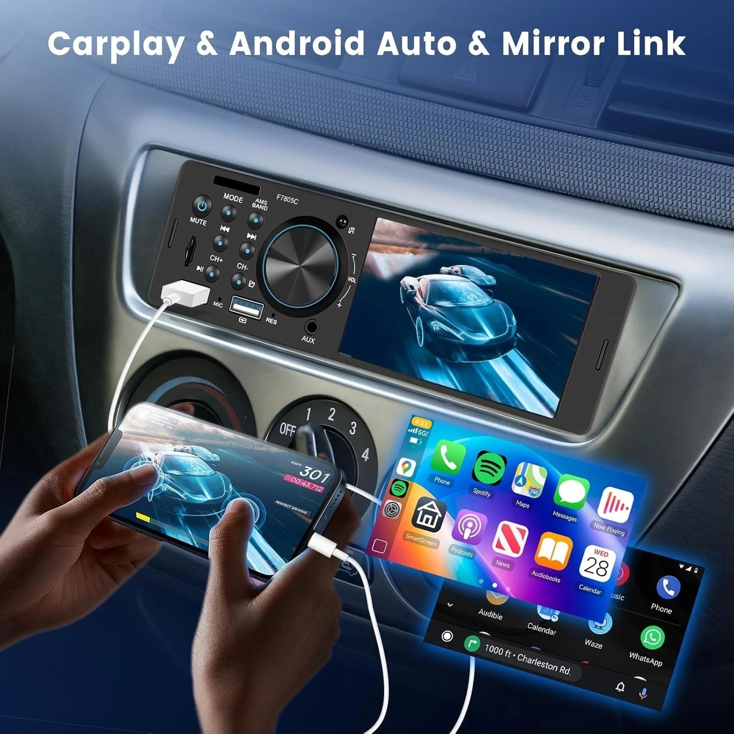 Single Din Car Stereo with CarPlay Android Auto, Touch Screen Car Audio Recei…