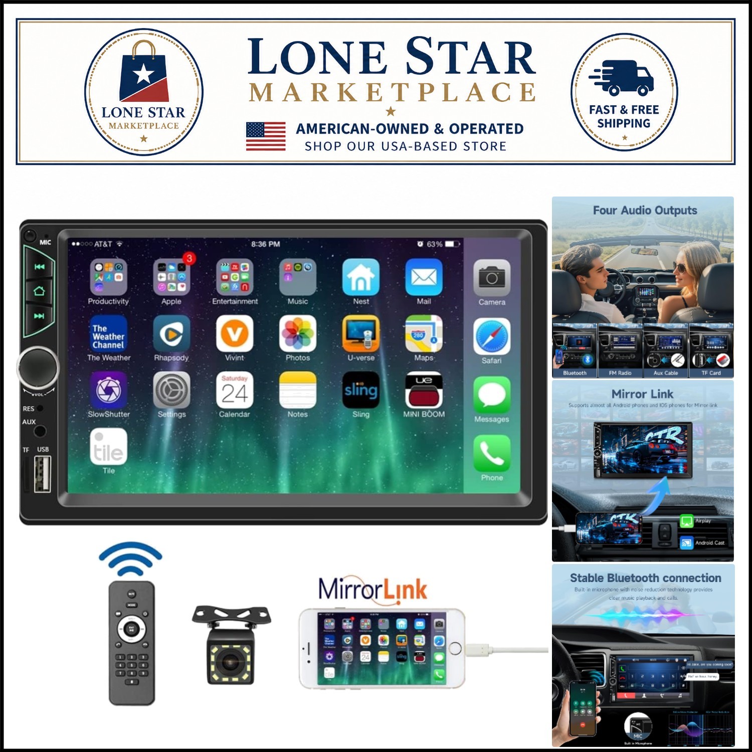 Elegant 7″ Double Din Car Radio with Front/Rear Camera & USB Charging Support