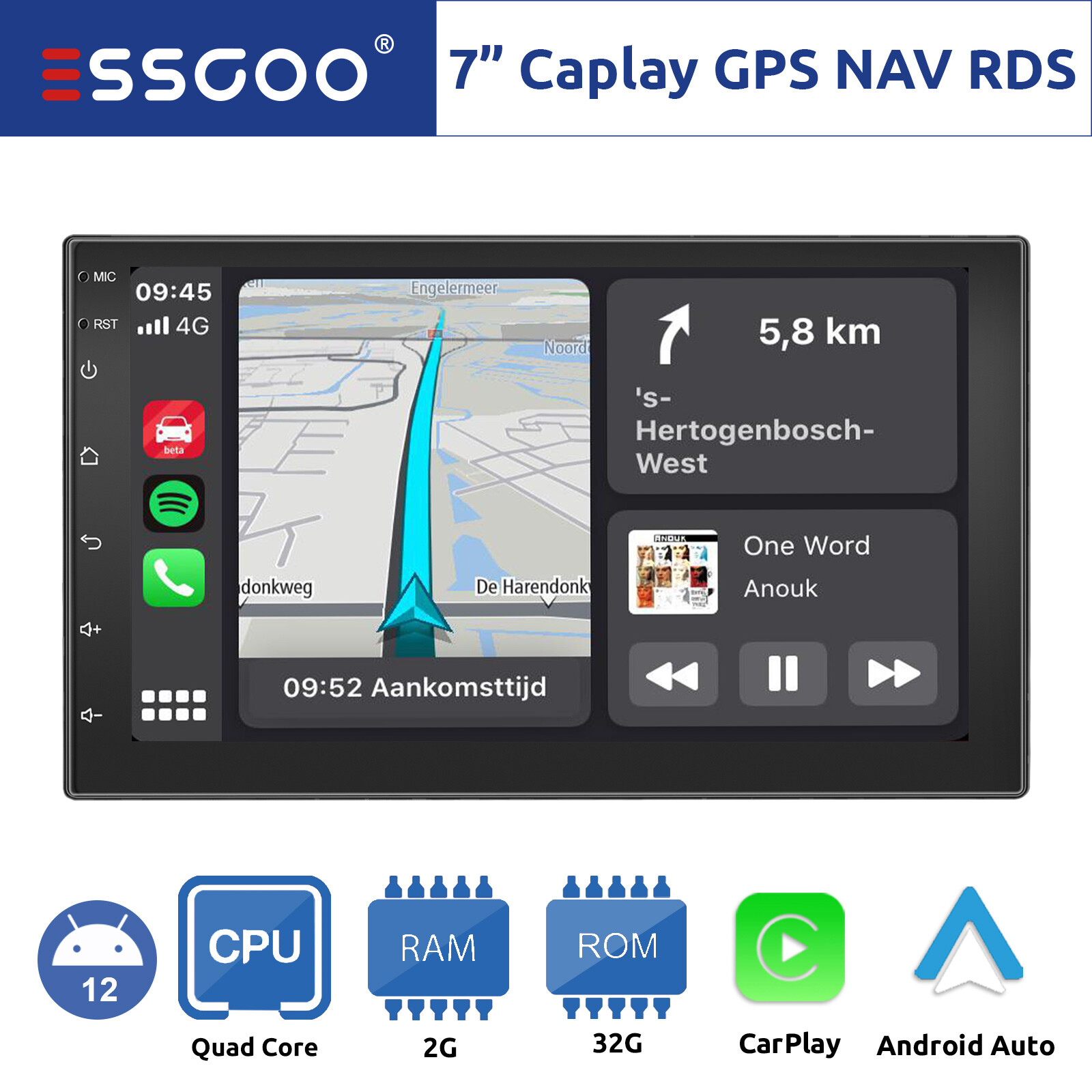 7 Inch Android 13 2+32G Apple Carplay Stereo Bluetooth GPS Nav FM Douuble 2 DIN