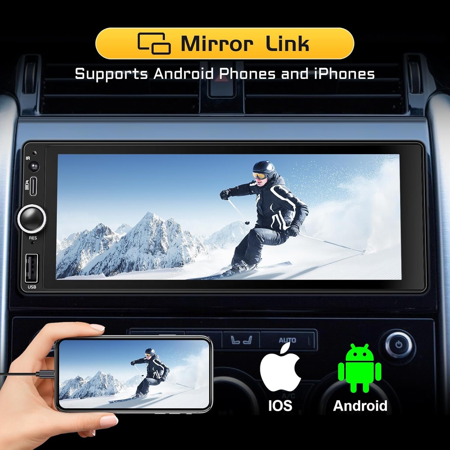 Wireless Single Din Car Stereo-Apple Carplay, Android Auto, 6.86″ Touchscreen
