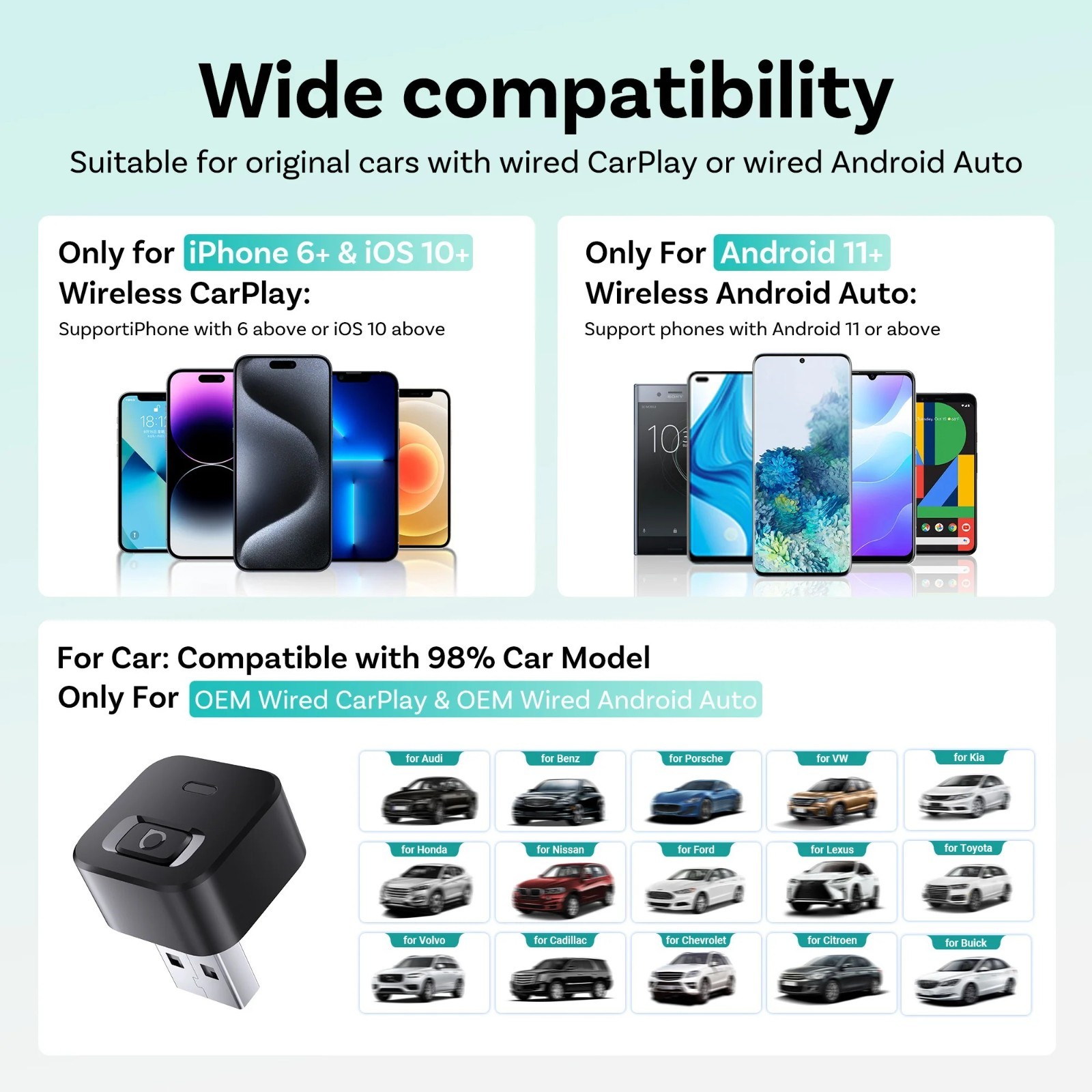 Ottocast Wireless CarPlay Android Auto Adapter USB Dongle Plug & Play Bluetooth
