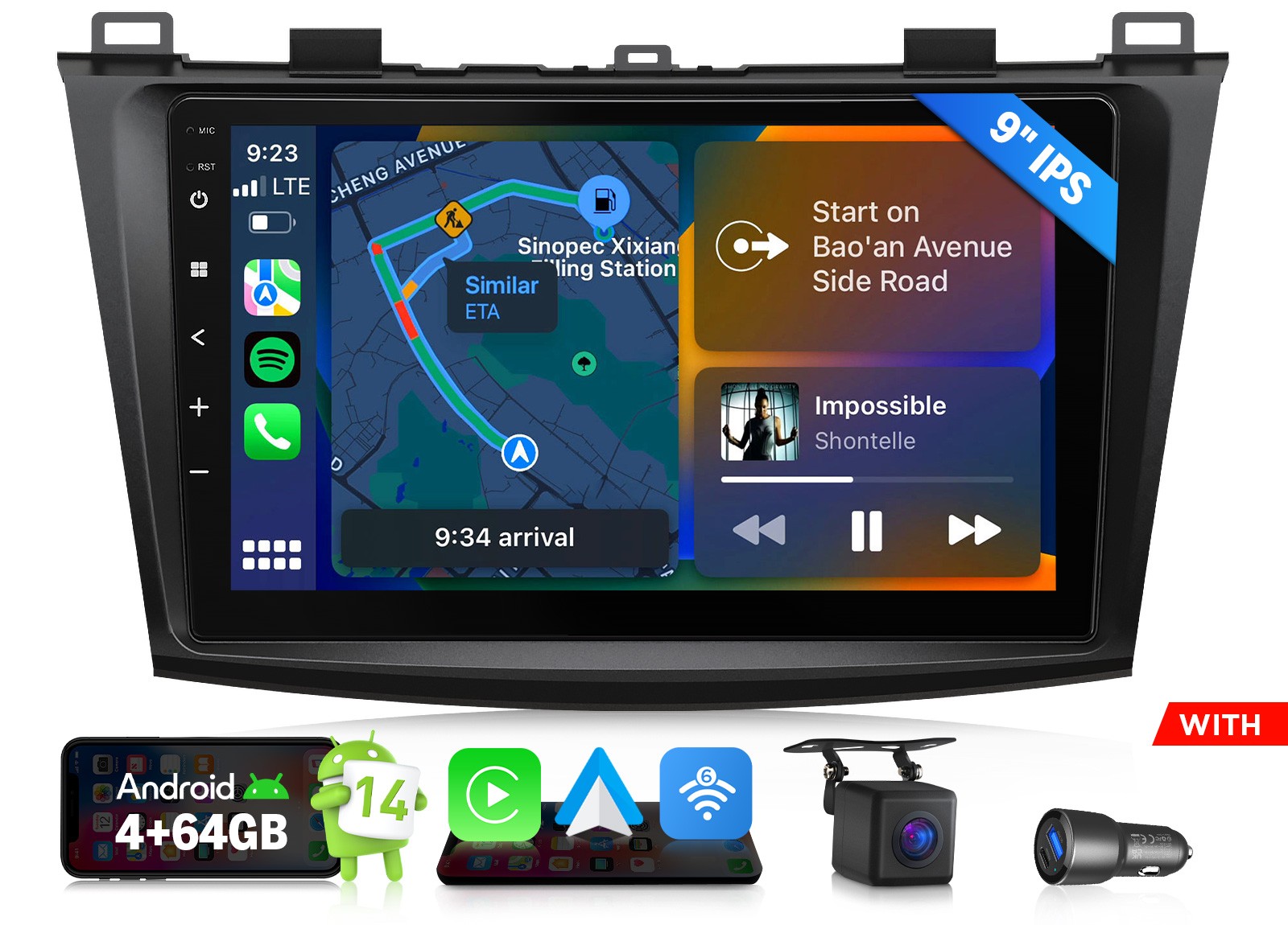 For Mazda 3 2010-13 9″ Android 14 4+64 Car Stereo CarPlay Backup Cam Ready FM AM