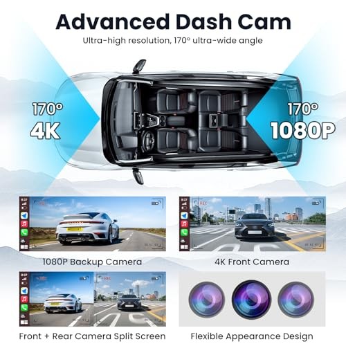 Wireless CarPlay 10.26″ Portable CarPlay Screen for Car Backup Cam & 4K Dash Cam
