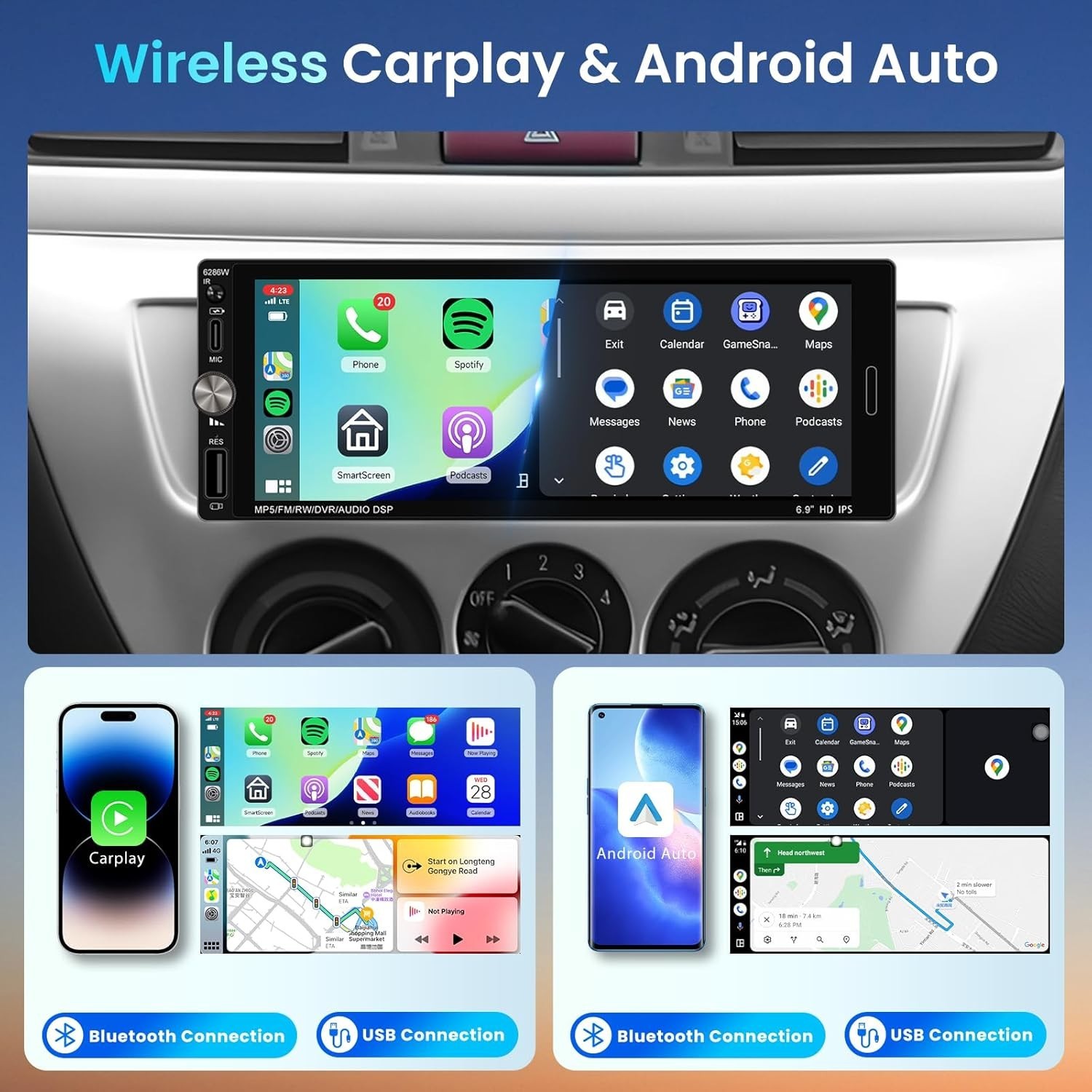 6.9″ Single DIN Android Auto Carplay Stereo with Backup Camera & Remote