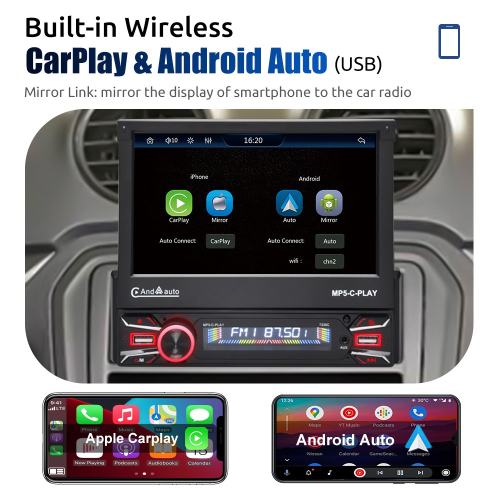 7″ Single 1 DIN Car Stereo Flip Out Touch Screen Radio Wireless Carplay MP5 USB