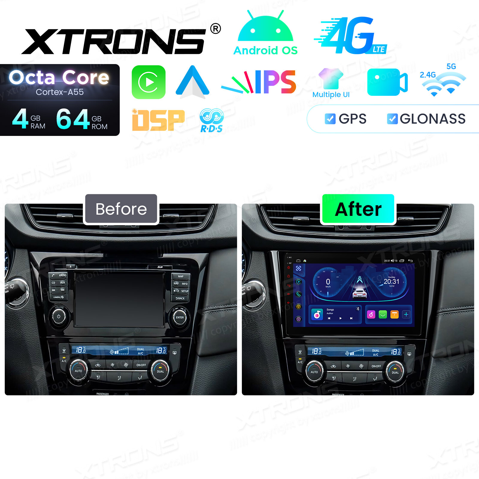 10.1″ Android Radio for Nissan Rogue 2014-2018 8-Core 4GB+64GB BT 4G LTE CarPlay