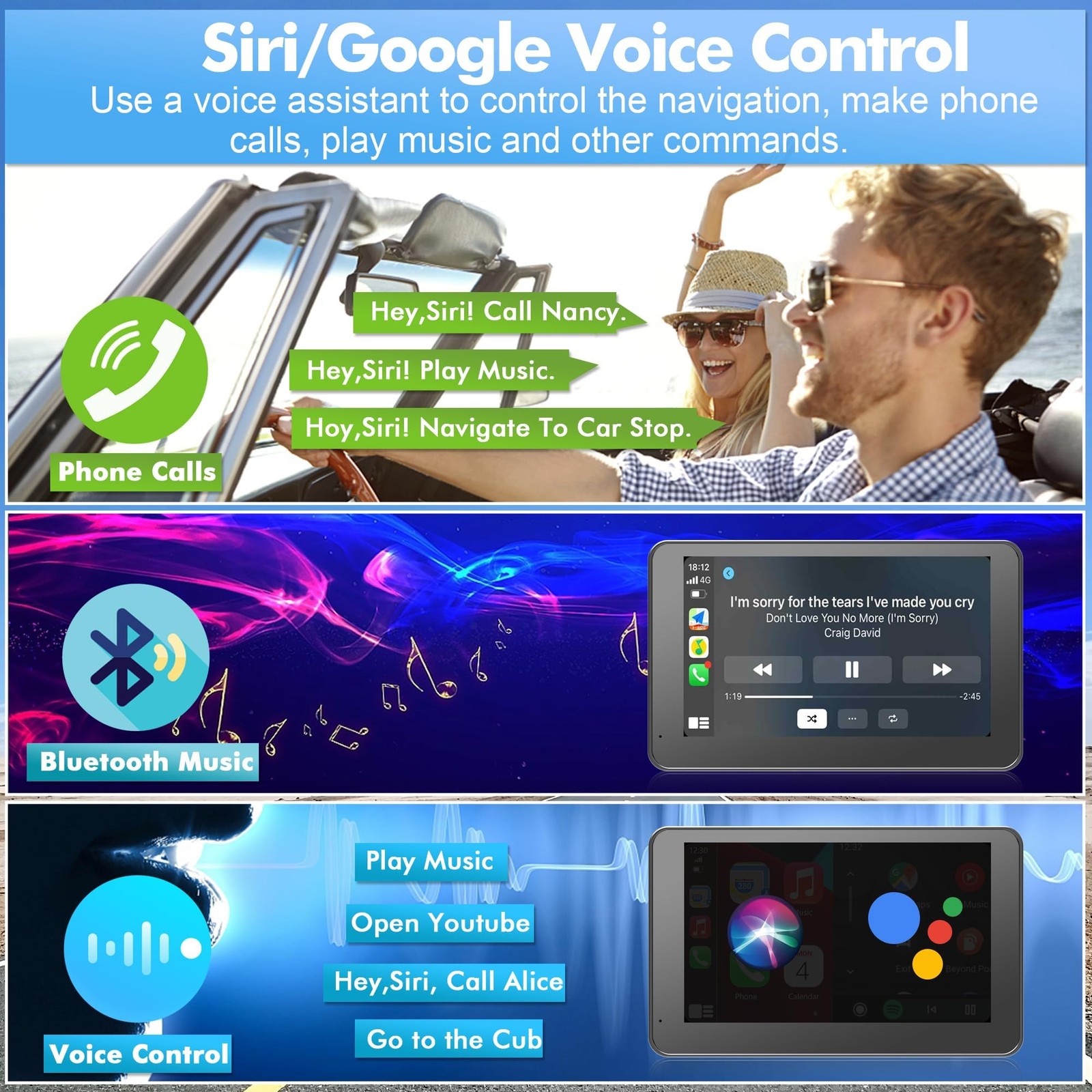 7″ Wireless Carplay & Android Auto Screen Bluetooth 5.0 Marine Stereo