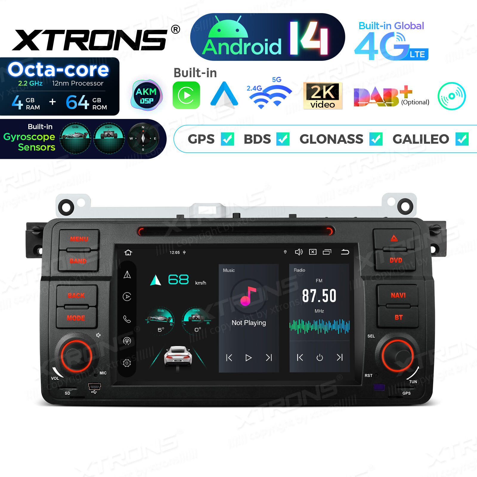 7″ Android 14 Car Stereo DVD 4G LTE Radio GPS 4+64GB AKM DSP For BMW E46 3er M3