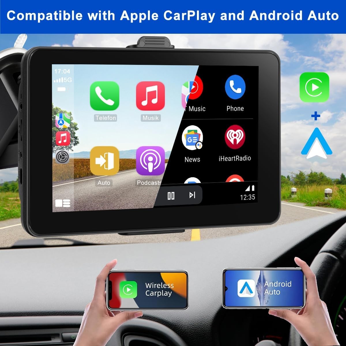 7-inch Portable Carplay Screen for Car Compatable with Apple CarPlay and Android