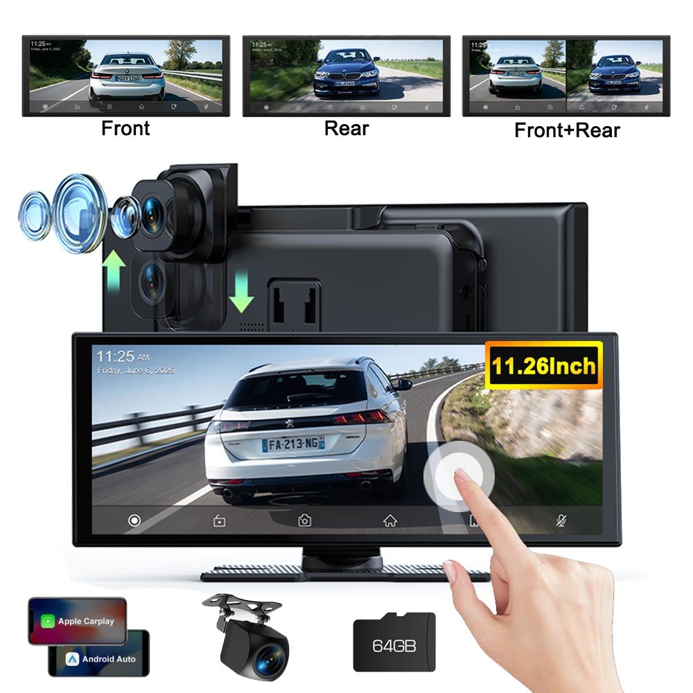 11.26″ Portable Car Stereo Radio Wireless Apple Carplay Android Auto FM+Rear Cam