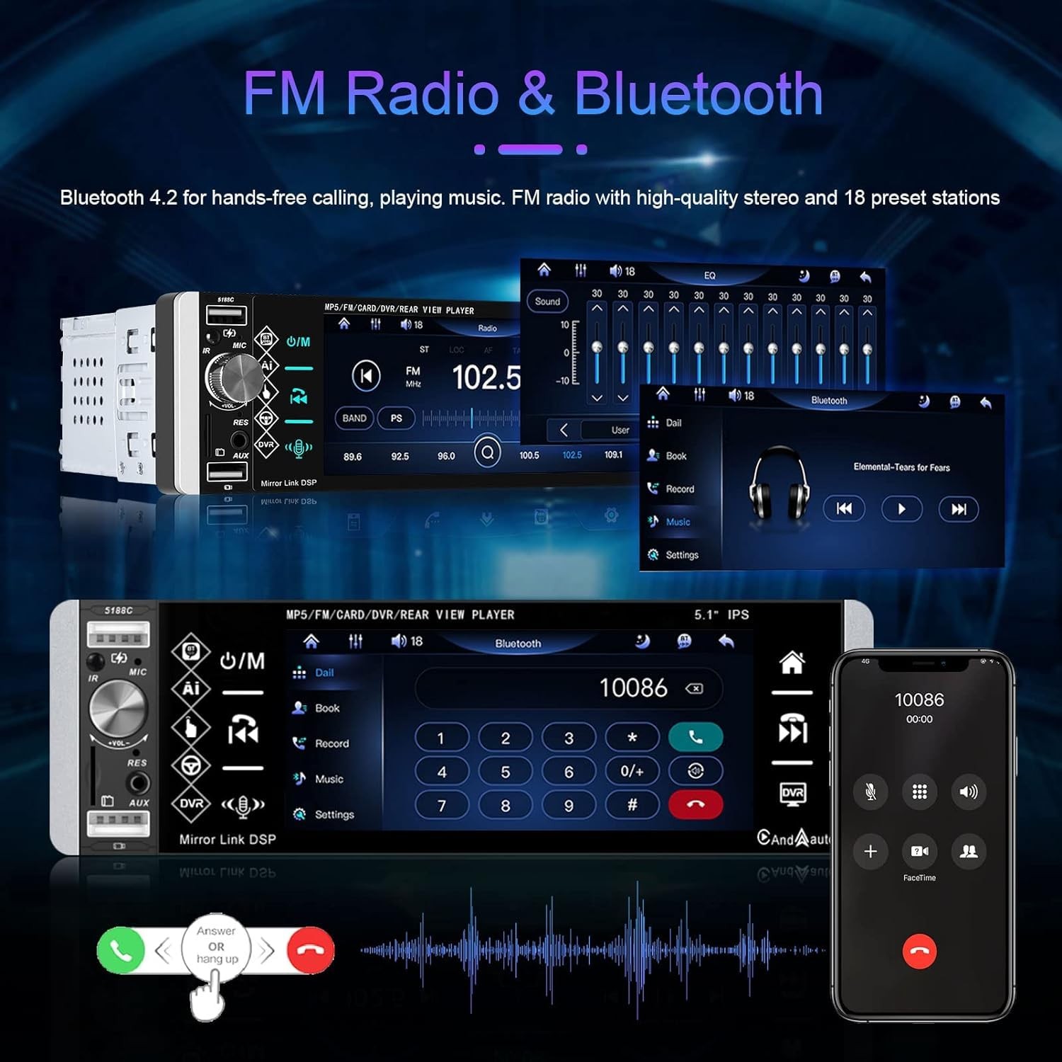 Estereo Radio Bluetooth de un solo DIN Pantalla Tactil Apple Carplay Para Coche