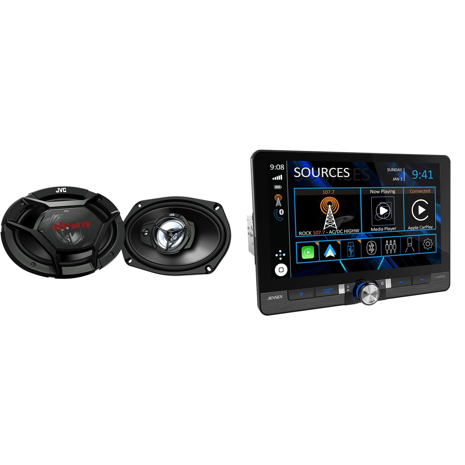 Jensen 8″ Touch Screen Receiver with Apple CarPlay, Android Auto + 6×9 Speakers