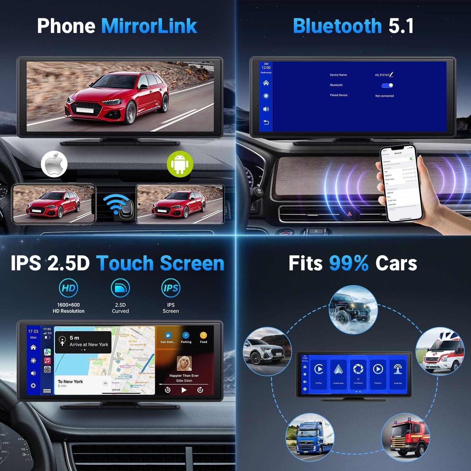 Leadfan Wireless Carplay Car Stereo Radio 2.5K Dash Cam, 9.3″ IPS Touchscreen