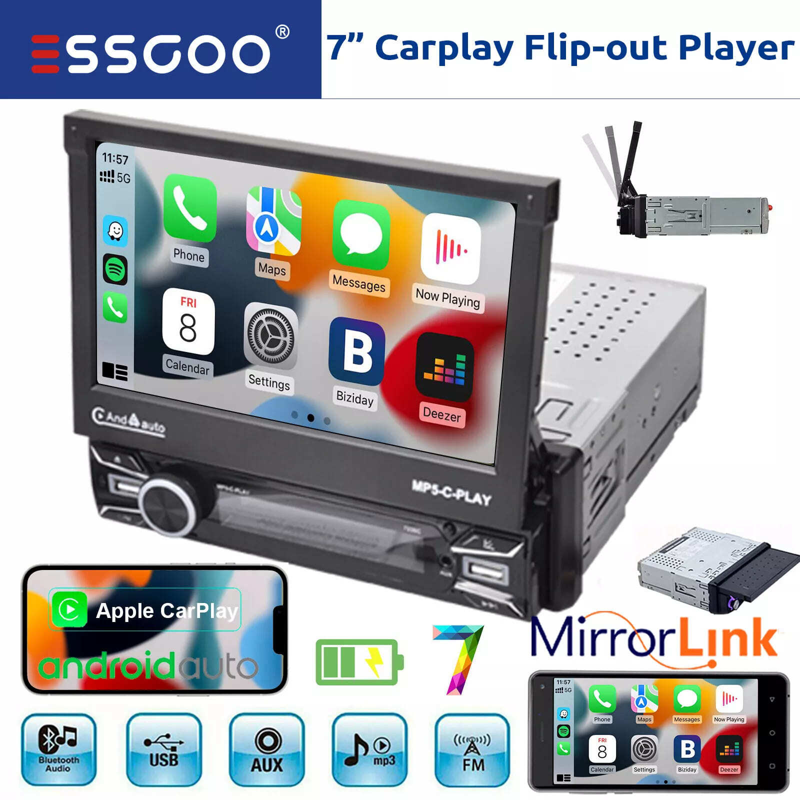 7″ Flip Out Screen Single 1 DIN Car Stereo Radio Apple CarPlay GPS FM BT USB MP5
