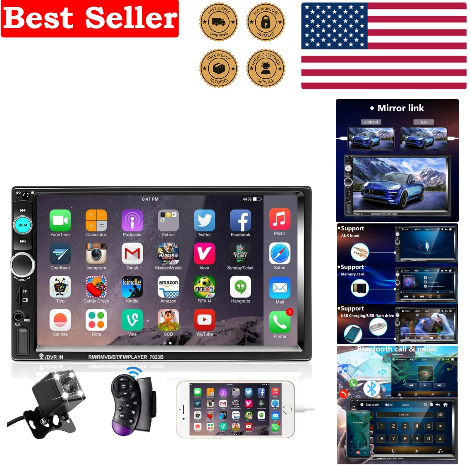 7 Inch HD Touchscreen Double Din Car Stereo with Bluetooth & Backup Camera