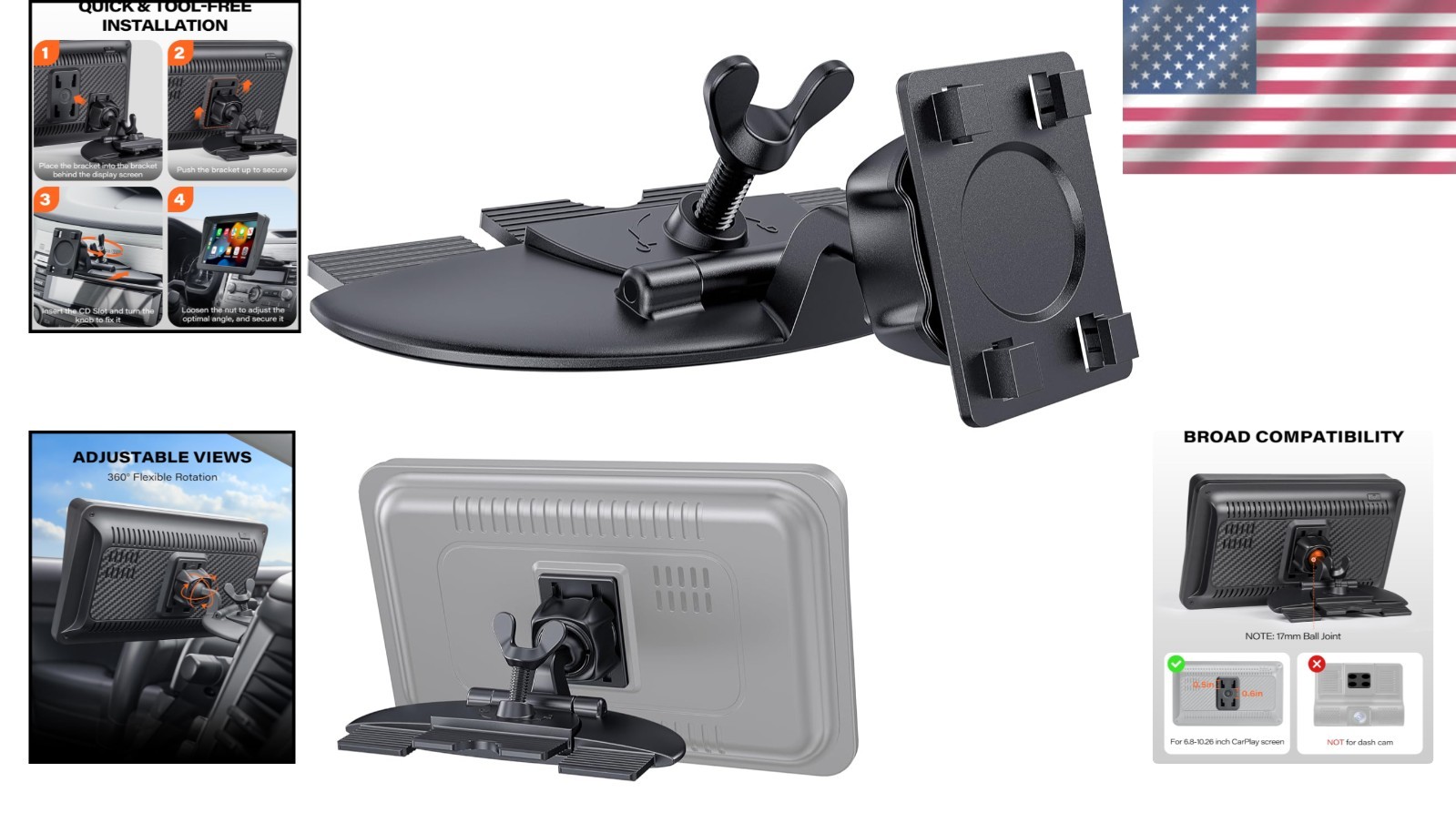 Sturdy CarPlay CD Slot Mount with 360° View for 7-11 Inch Screens – Quick Setup