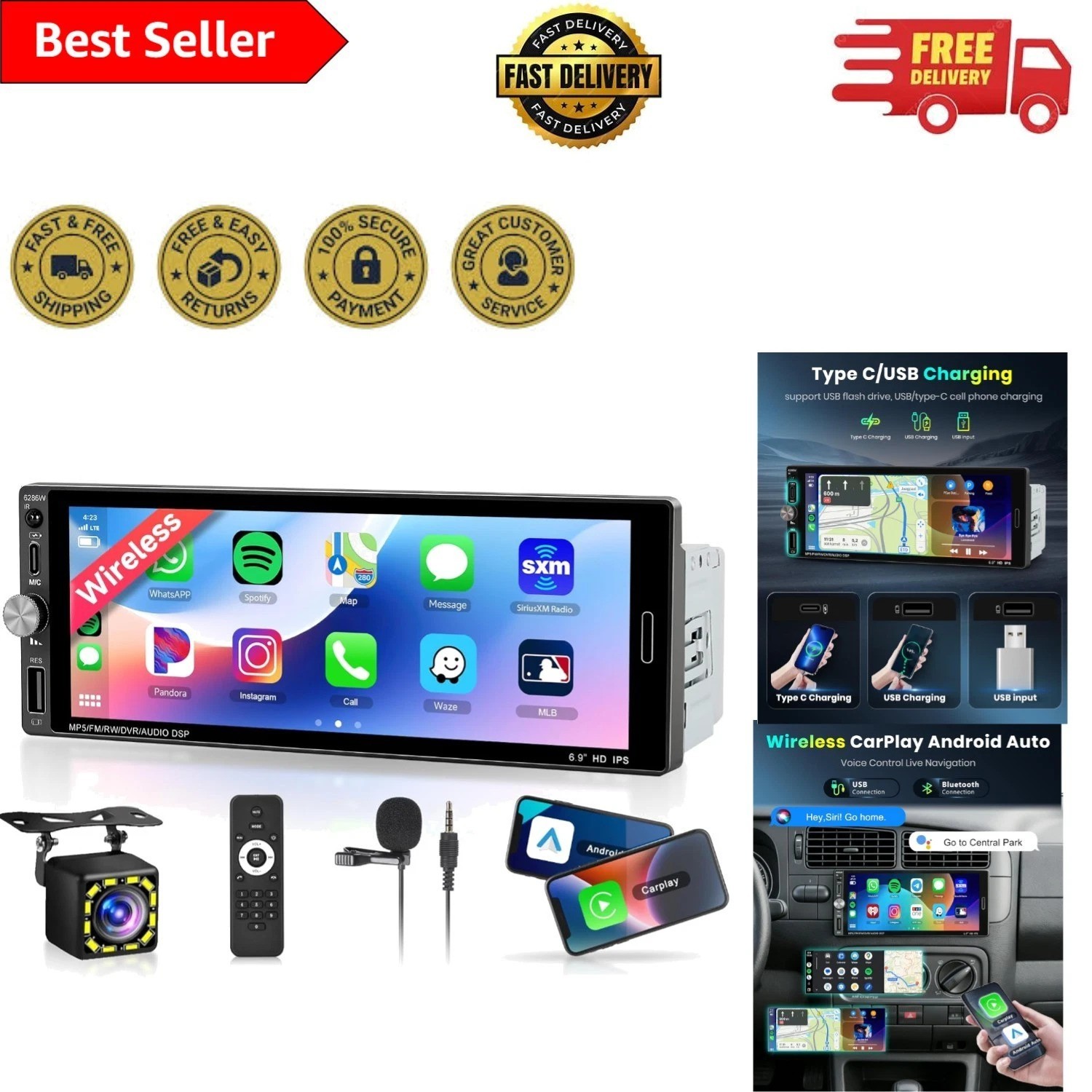 2025 Single Din Car Stereo with Wireless Carplay & Android Auto, 6.9” IPS Screen