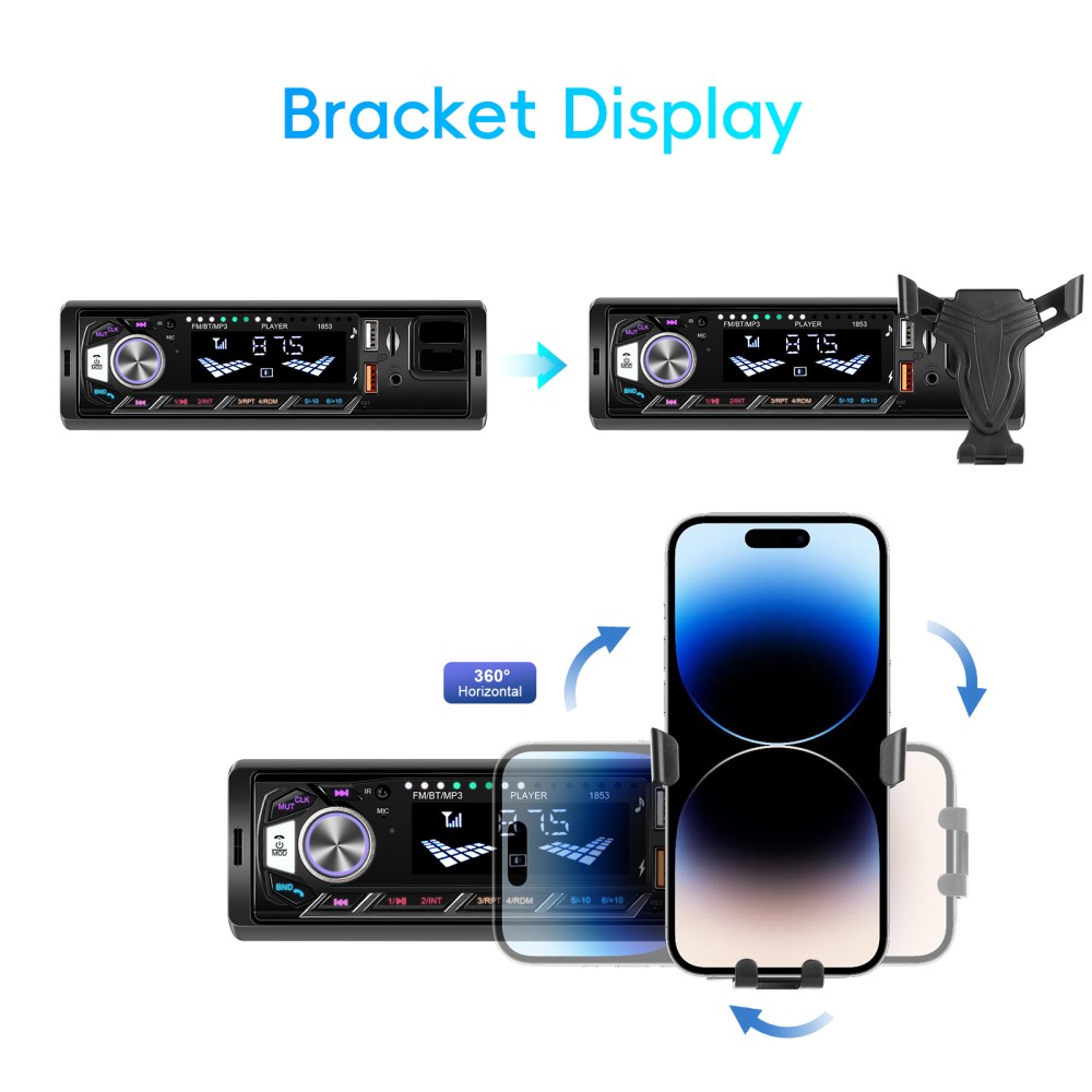 Single 1DIN Car Radio Stereo Bluetooth FM USB AUX Audio In-dash w/ Phone Holder