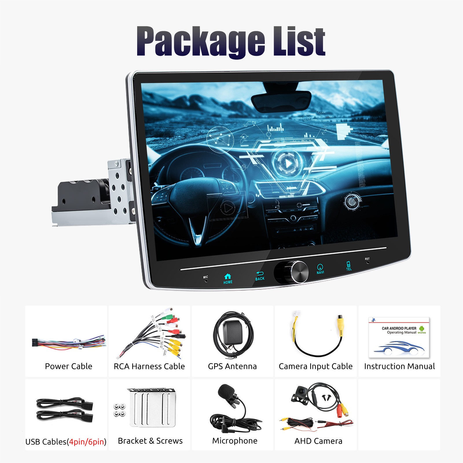 10.1″ Rotatable Apple Carplay Android15 Car Stereo Radio Single 1 DIN GPS +Cam