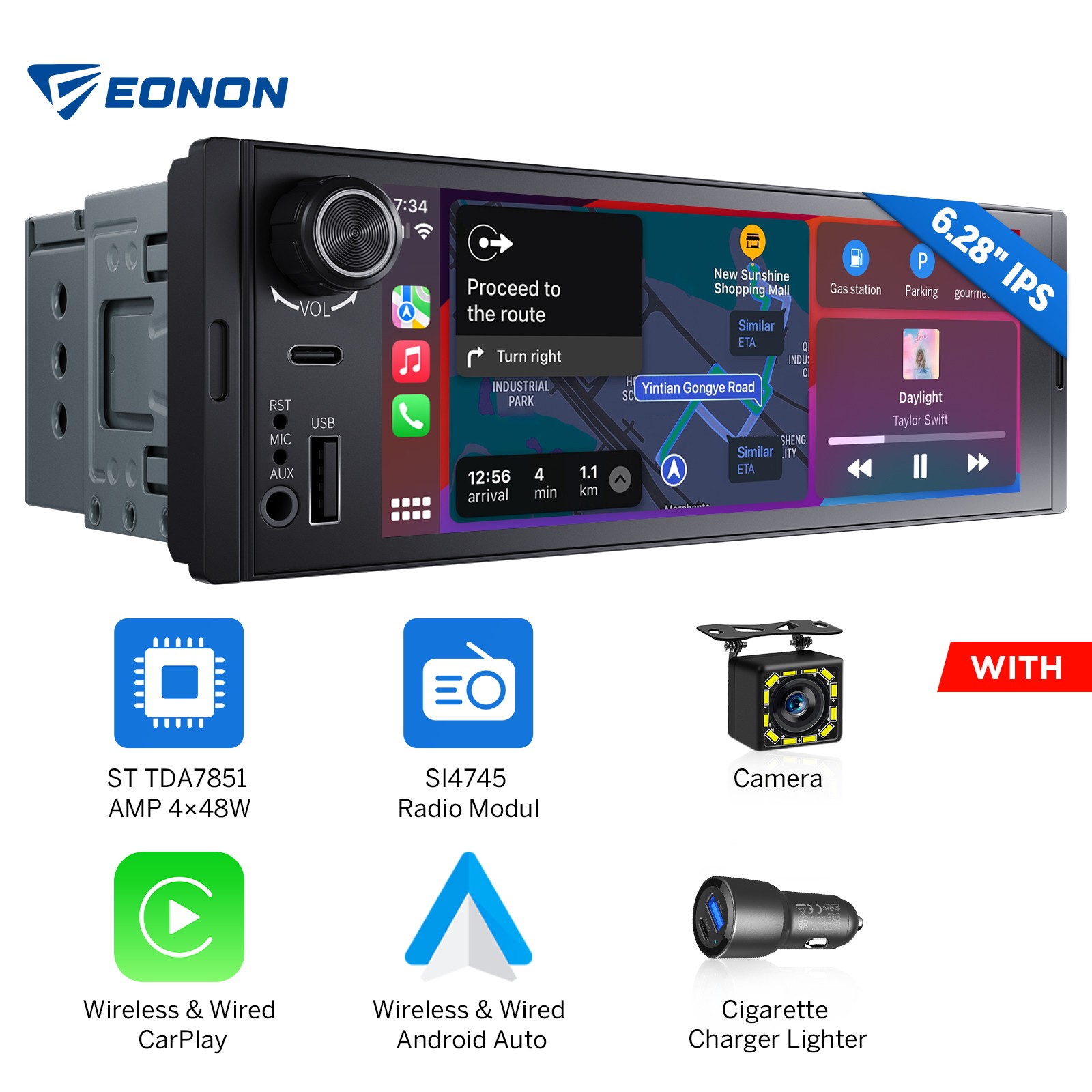 Eonon X3U 1DIN 6.28″ IPS Car Stereo Radio CarPlay Android Auto Bluetooth FM Navi