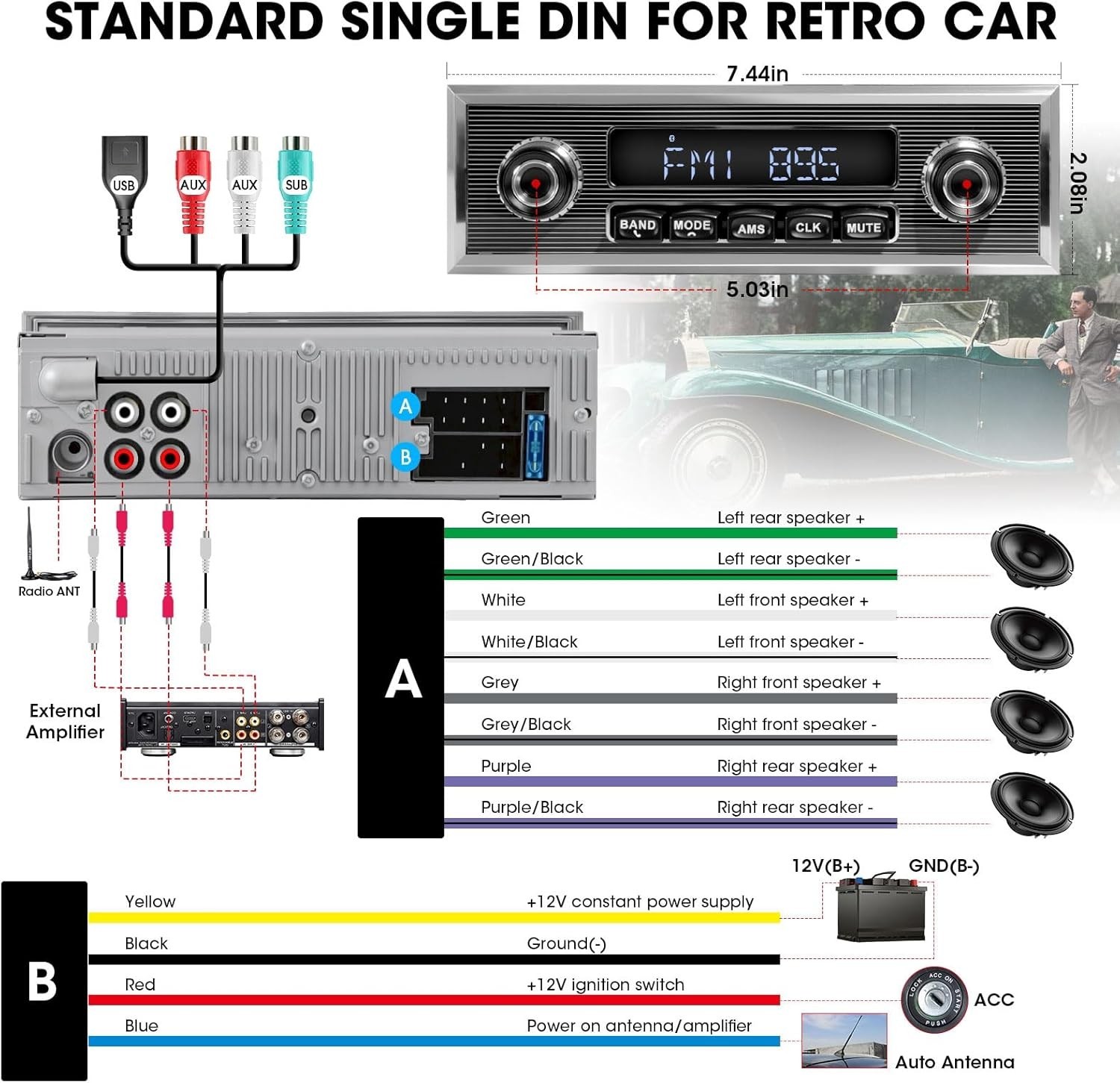 High Power Retro Car Radio – Bluetooth & AM/FM with USB/AUX – Classic 300W Sound