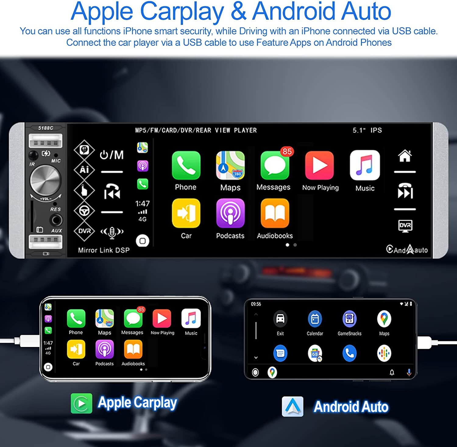 Single Din Car Stereo with Carplay Android Auto 5.1″ IPS Bluetooth Touch Screen