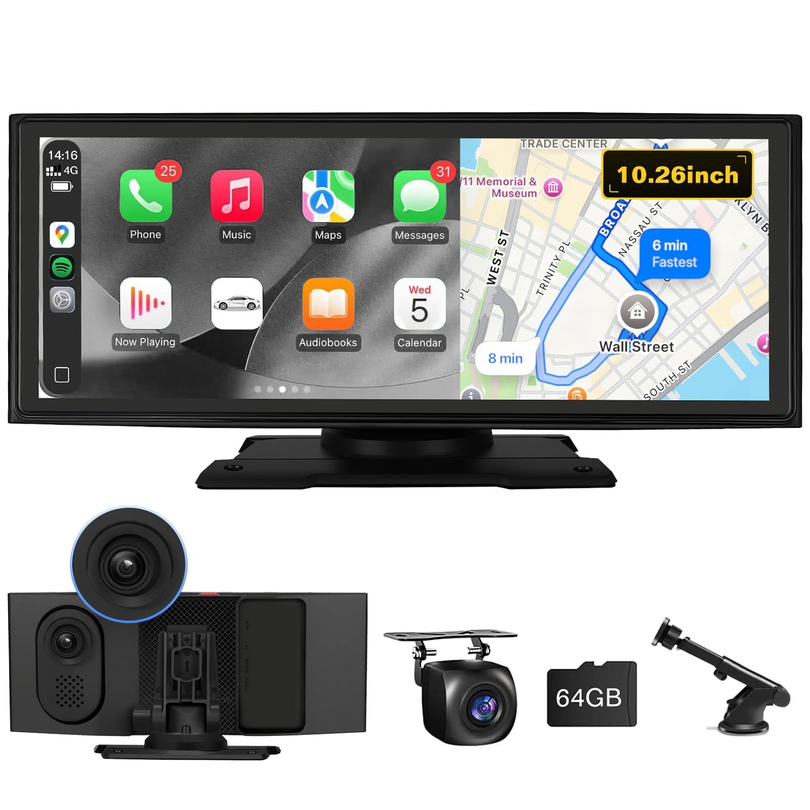 10.26″ Wireless CarPlay & Android Auto Car Stereo, 4K Dash Cam, 1080P Backup Cam