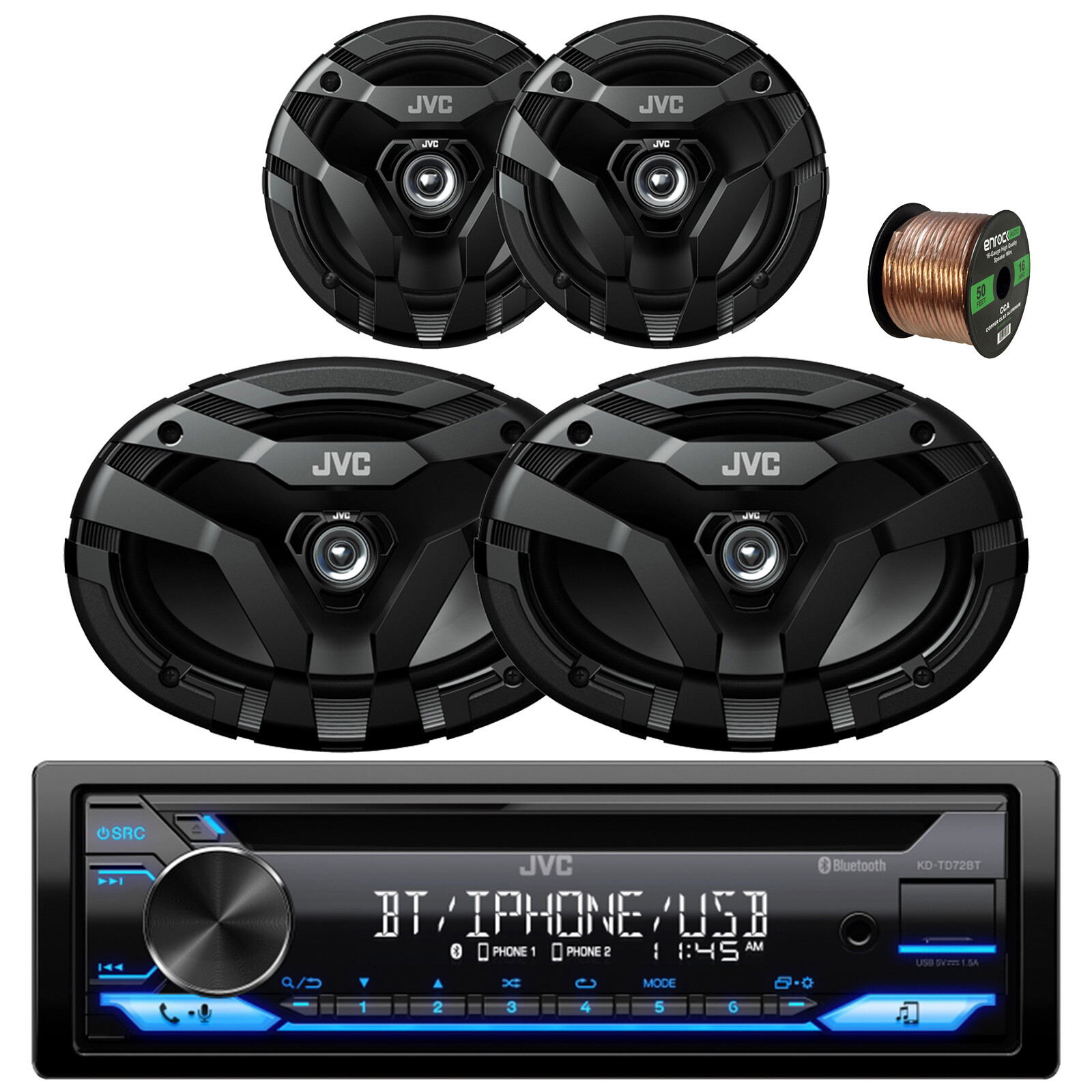 JVC KD-TD72BT Single-DIN Bluetooth CD Stereo, 2x 6.5″ Speakers, 2x 6×9″ Speakers