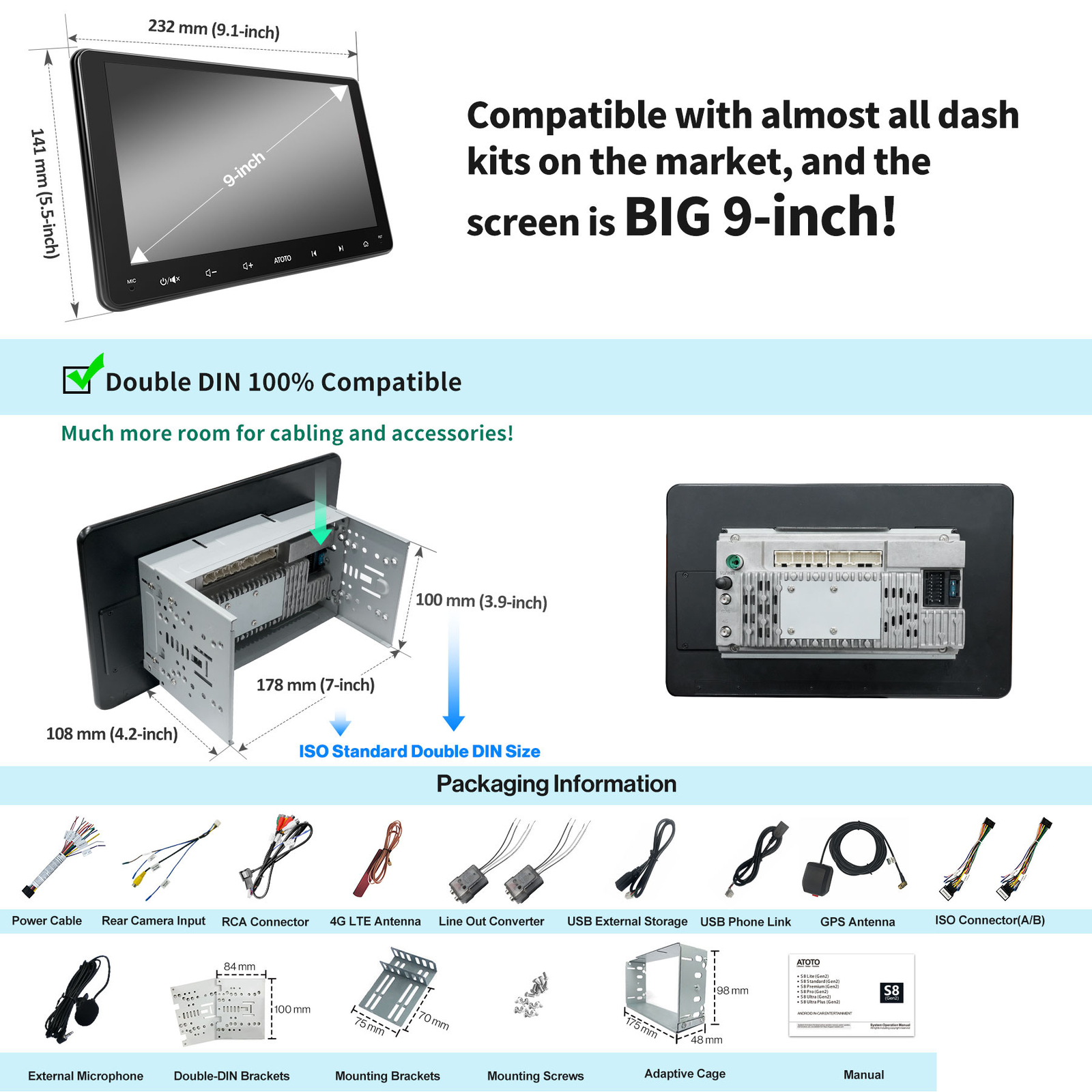 ATOTO S8MS 9in 2Din Car Stereo 4G LTE GPS Track Navi Radio Android Auto CarPlay