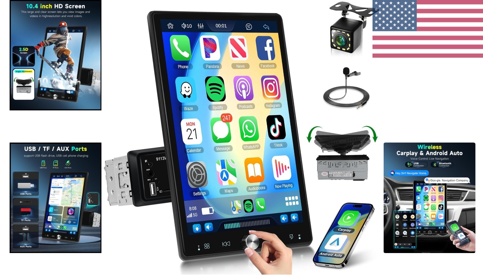 10.4 inch Single Din Car Stereo with Wireless Carplay Android Auto-2025 Upgra…
