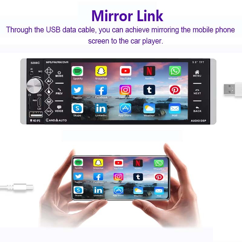 5.5″ Single 1 DIN Car Stereo Radio Bluetooth Apple Carplay Touch Screen Voice/FM