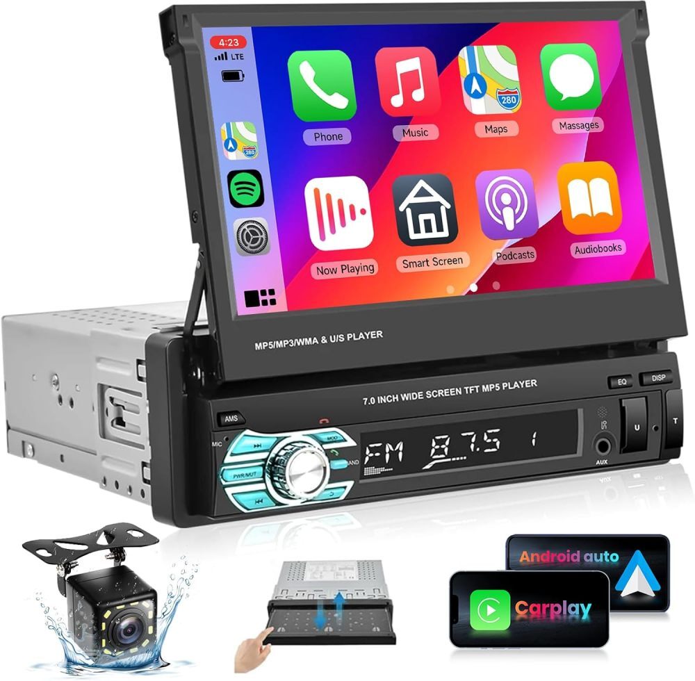 7″ Single 1 DIN Car Radio Stereo Apple Carplay Bluetooth Flip Out Screen USB AUX