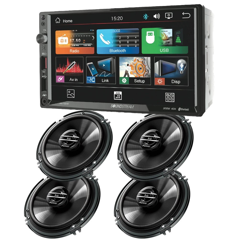 Soundstream Double DIN 7″ Touch Screen Unit & 4 Pioneer 300W 6.5″ Car Speakers