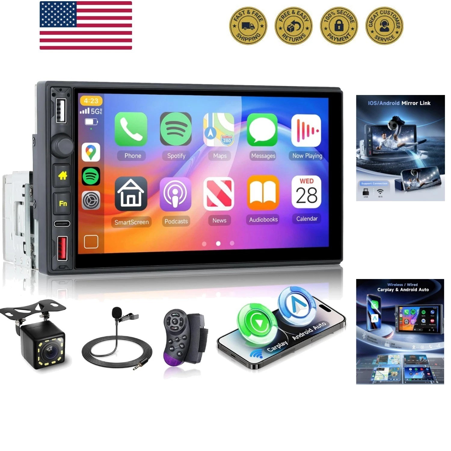 Single Din Car Stereo, 7 Inch IPS Touch Screen Radio with Wireless CarPlay & …