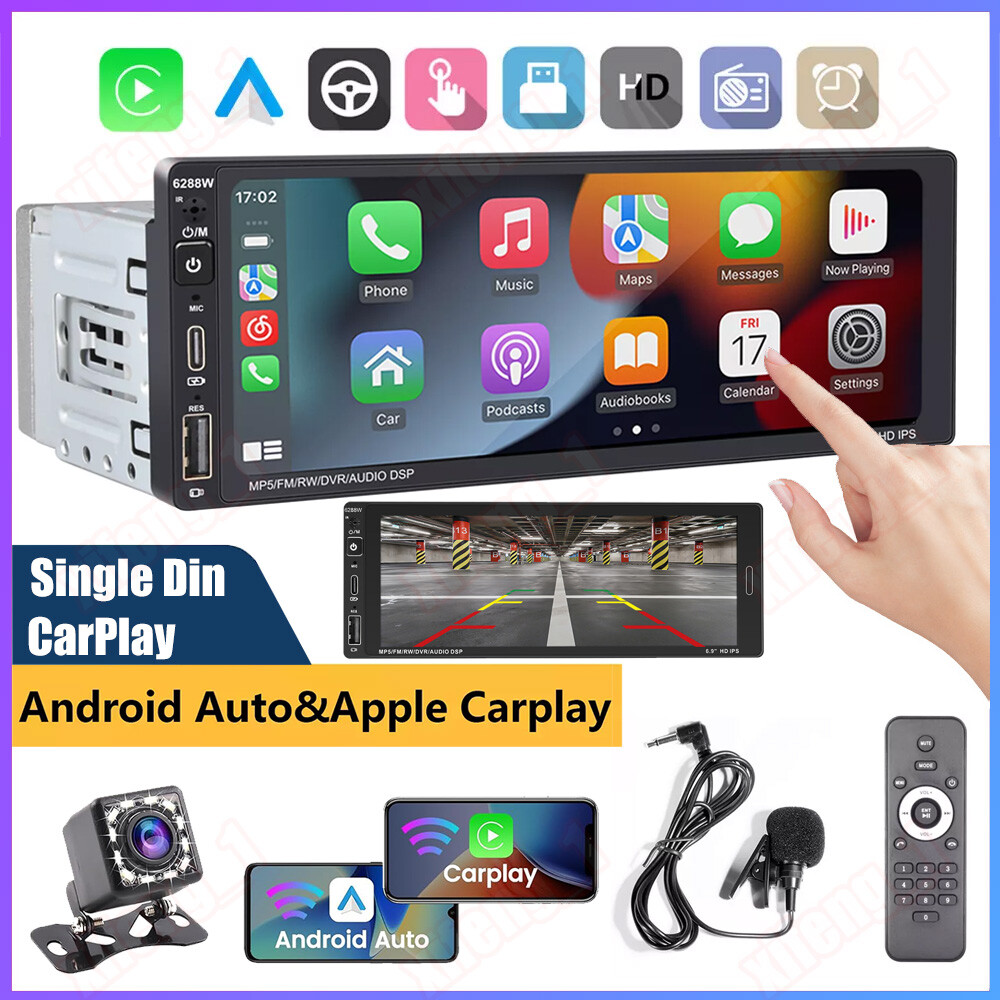 Single Din Car Stereo Wireless Apple Carplay 6.9 Touchscreen Bluetooth Radio USB
