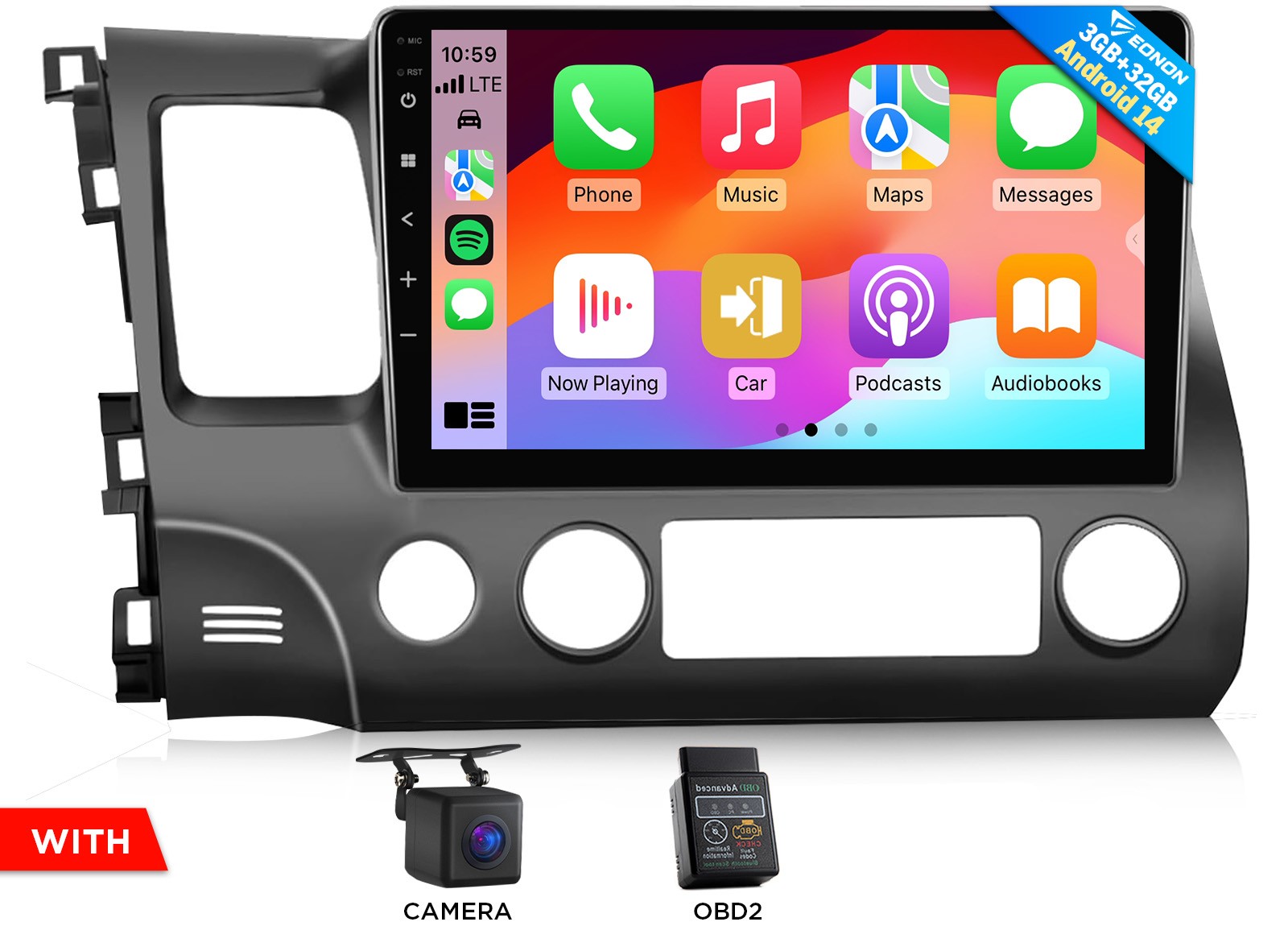 CAM+OBD+Android 14 10.1″ IPS Car Radio Stereo GPS DSP WiFi for Honda Civic 2010