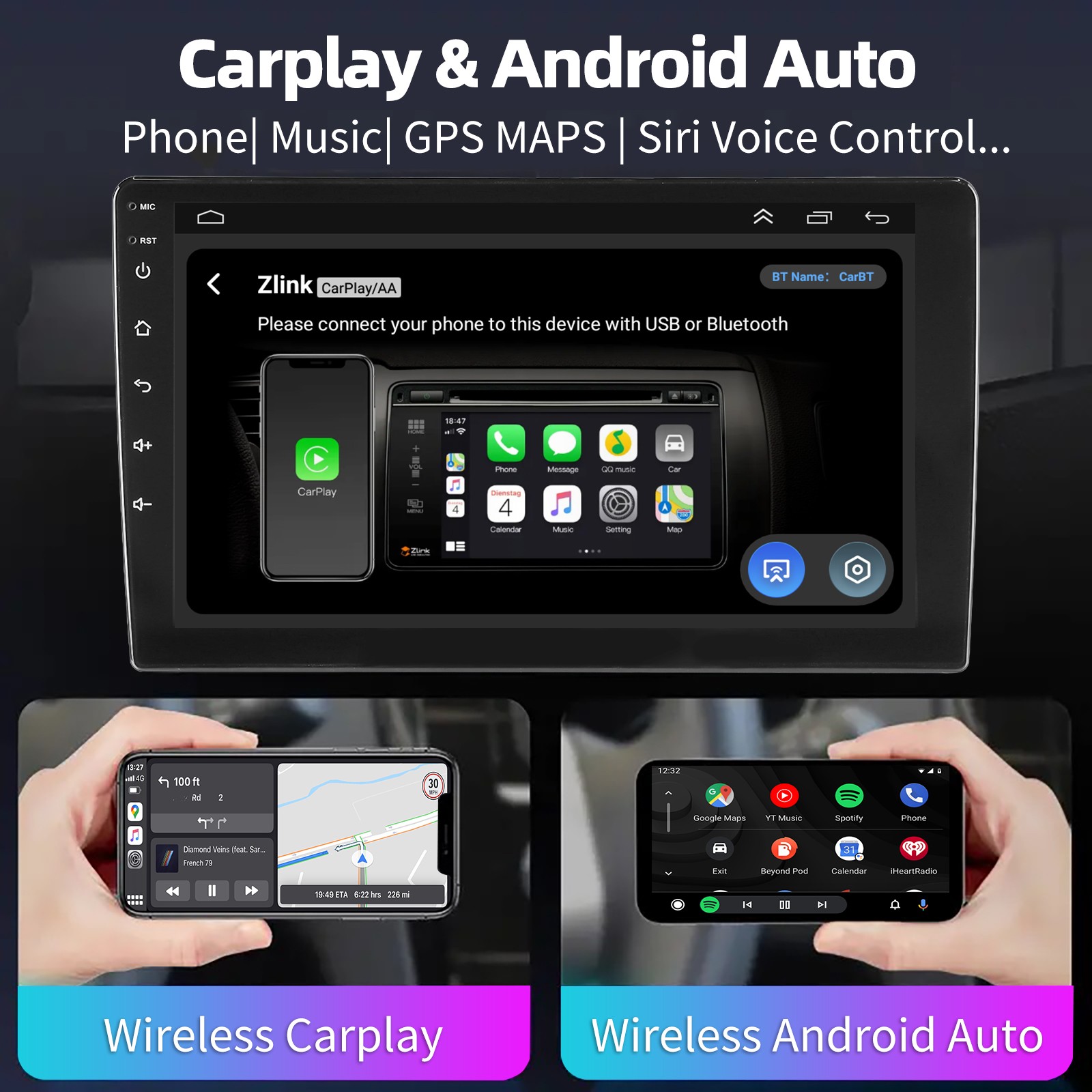 10″ Car Stereo 4+64G Carplay Android 14 Double 2DIN IPS Touch Screen BT Wifi GPS