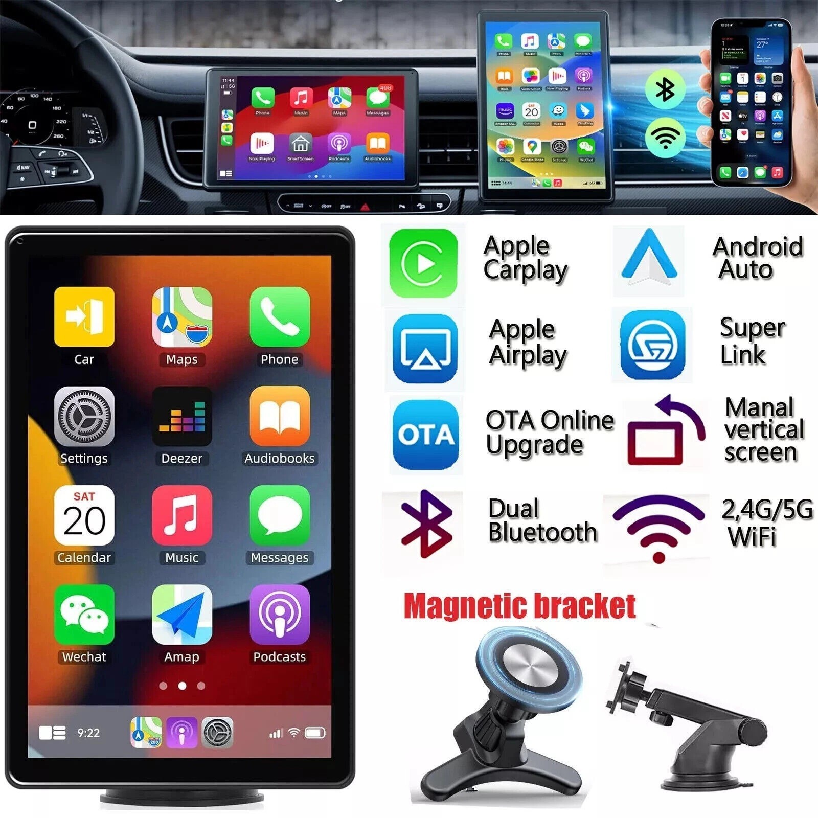 New Portable Car Stereo 7″ Touch Screen BT Wireless Apple Carplay Android Auto