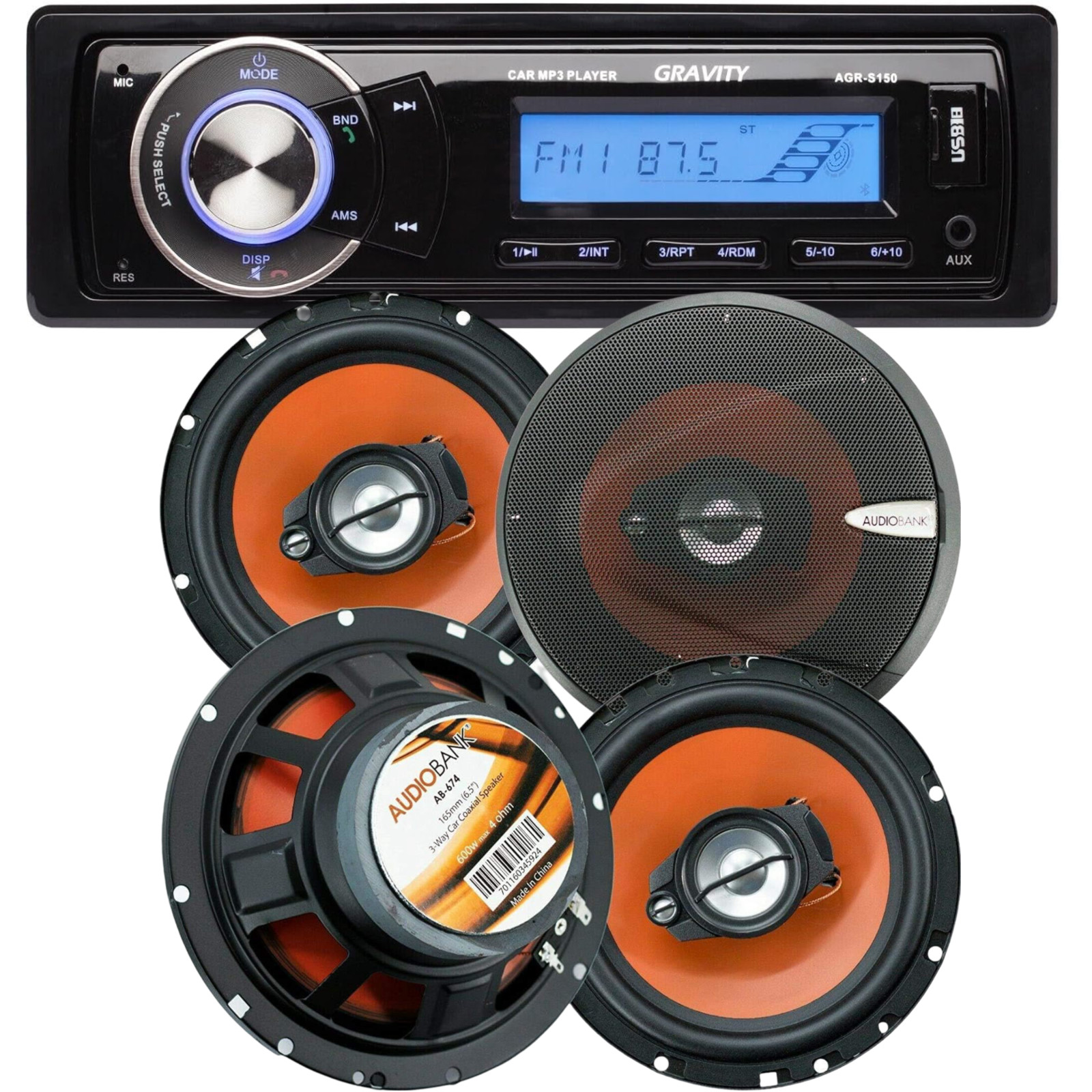 1DIN 200W Car Stereo Bluetooth USB/SD/AUX AM/FM + 2 Pair 6.5″ 600W Car Speaker